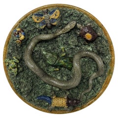 Antique Majolica Palissy Portuguese Charger by Jose A Cunha Butterfly Snake 1905