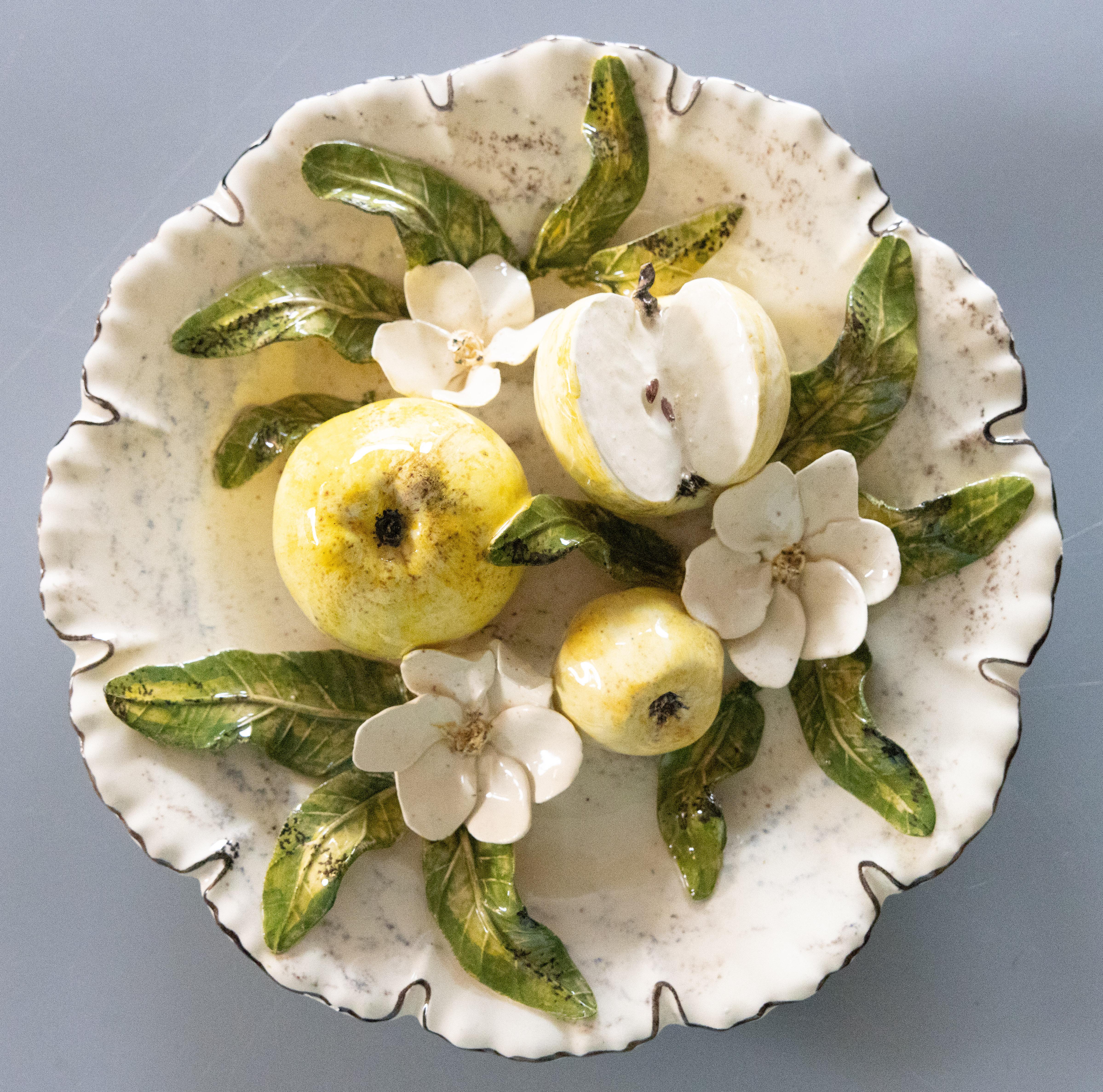 French Majolica Palissy Trompe L'oeil Apples & Flowers Plate Christine Viennet For Sale 1