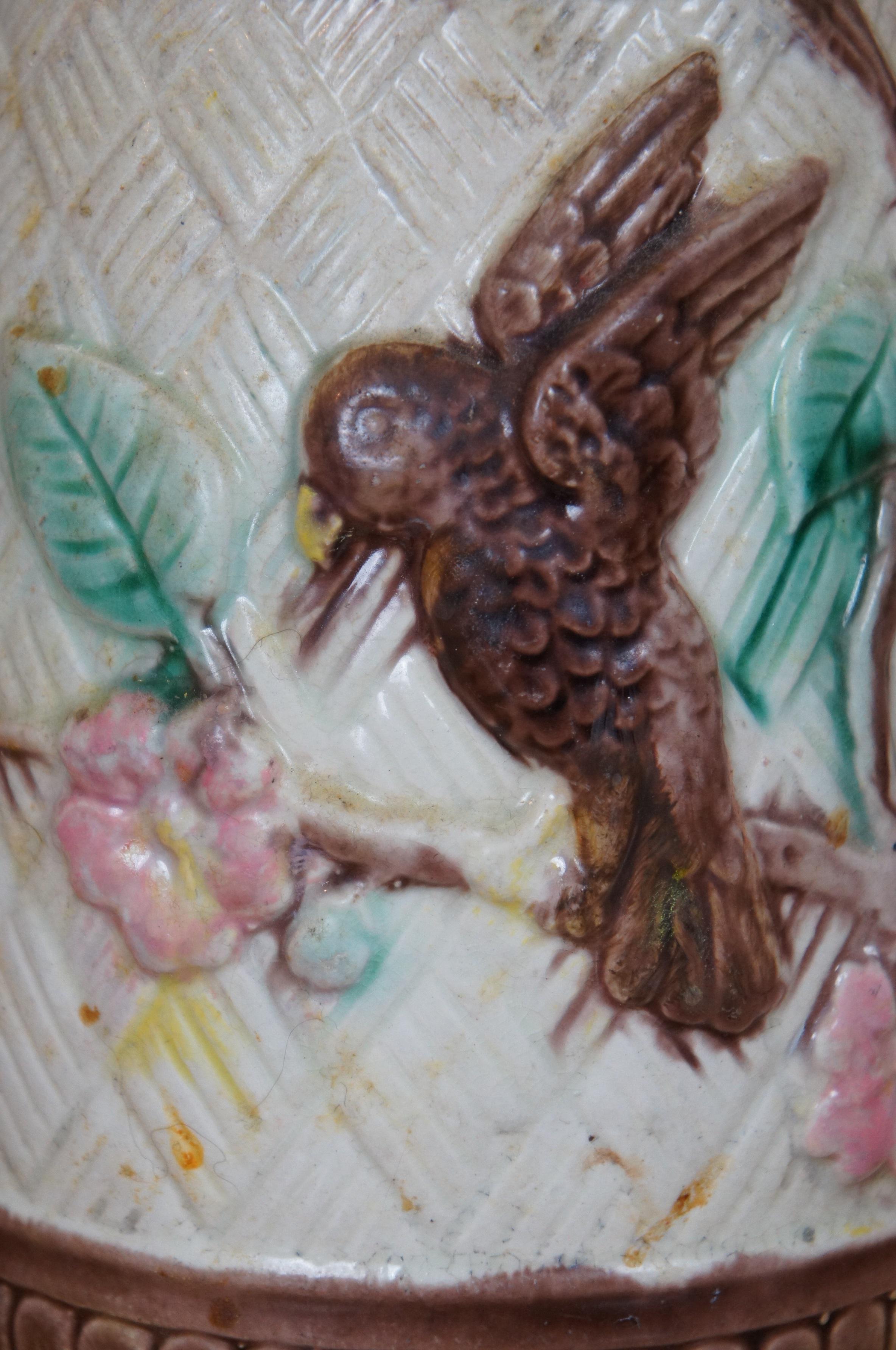 Antique Majolica Parrot Bird Dogwood Flower Basketweave Creamer Pitcher 7
