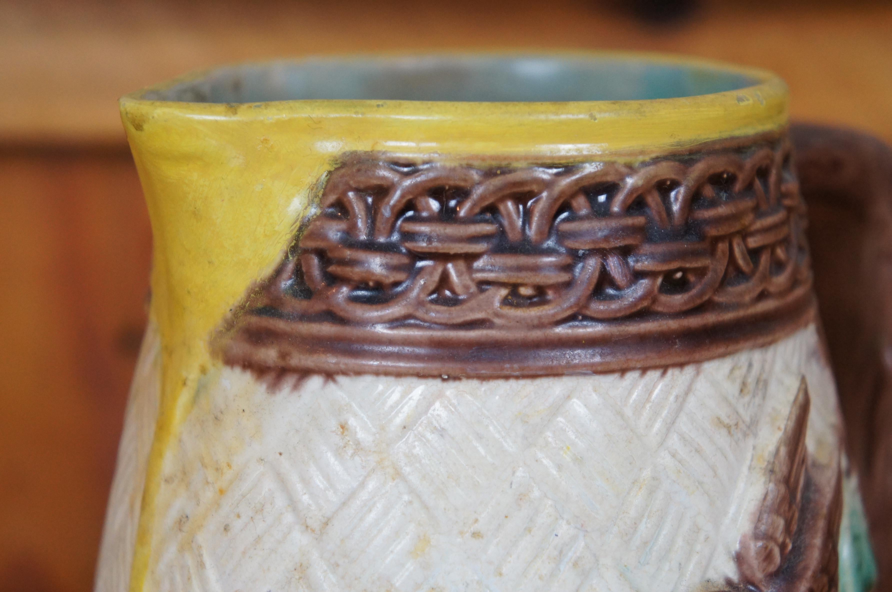Antique Majolica Parrot Bird Dogwood Flower Basketweave Creamer Pitcher 7