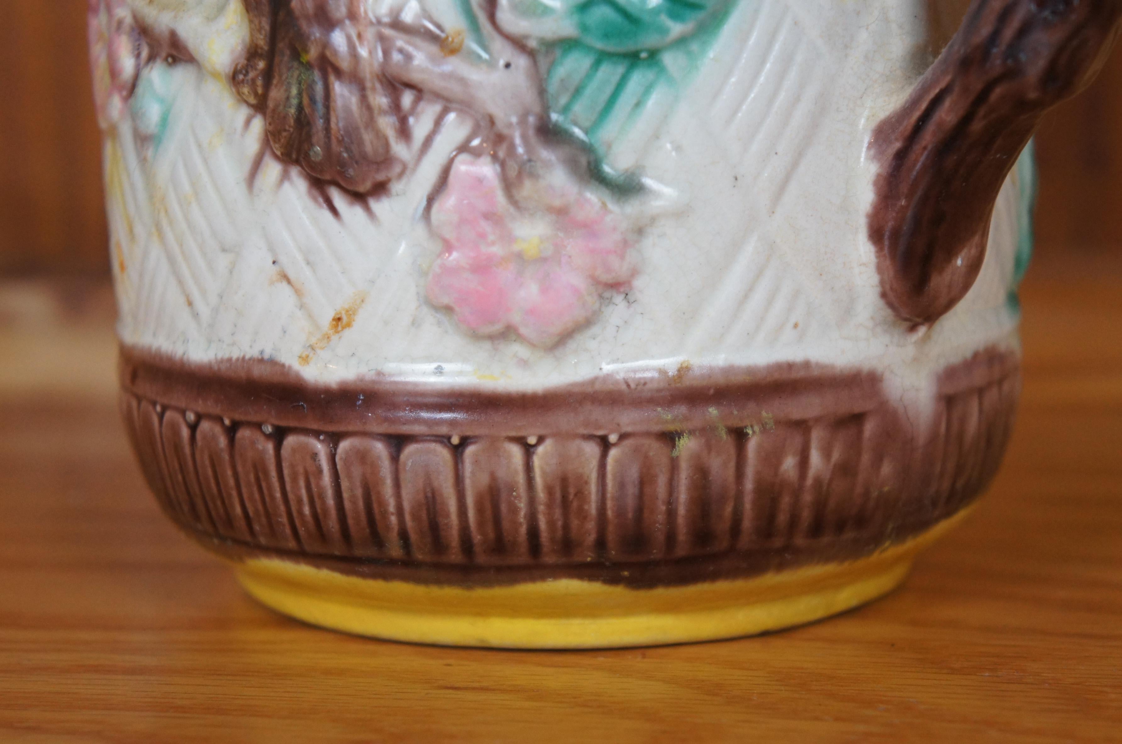Antique Majolica Parrot Bird Dogwood Flower Basketweave Creamer Pitcher 7