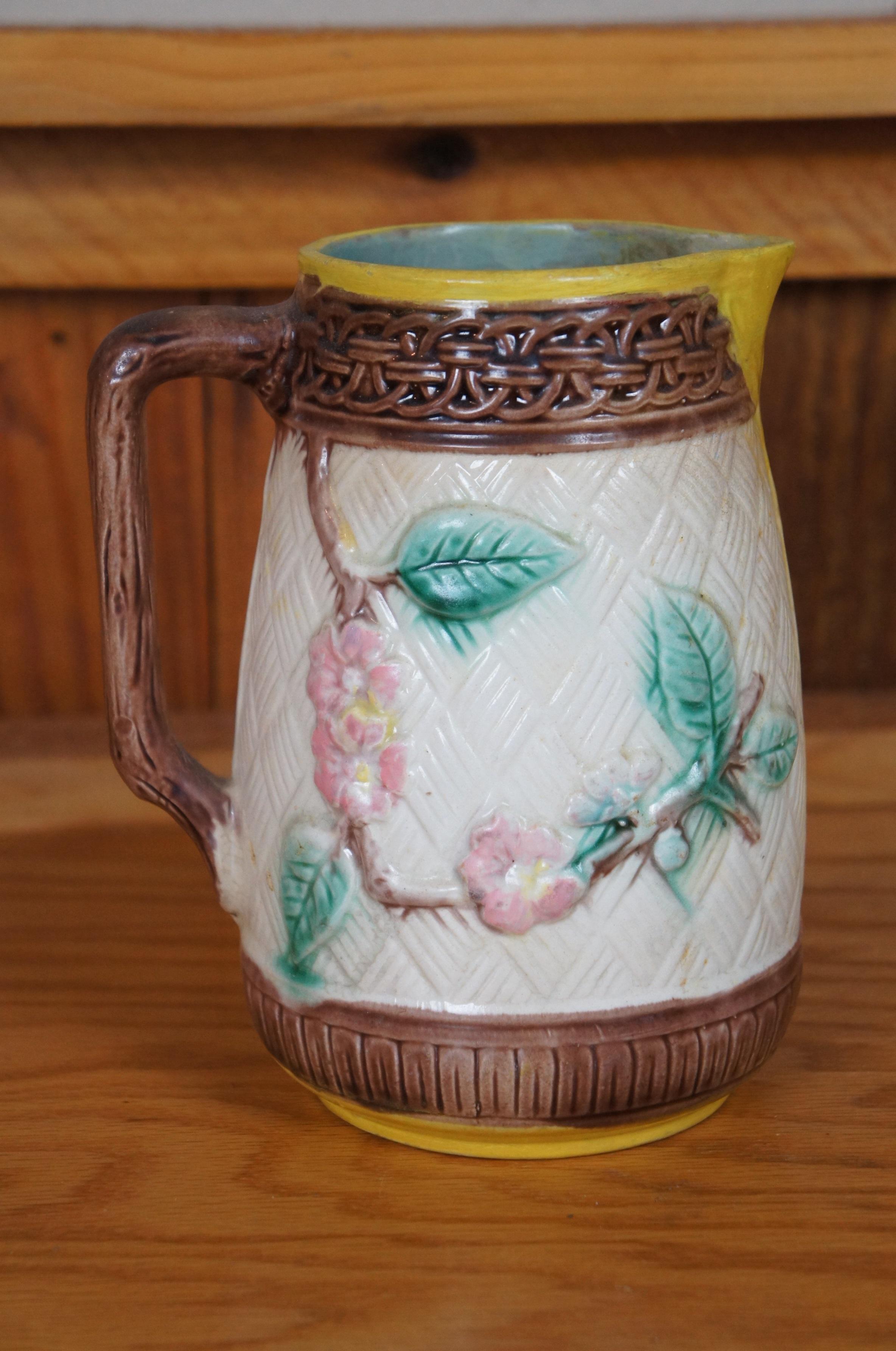 Antique Majolica Parrot Bird Dogwood Flower Basketweave Creamer Pitcher 7