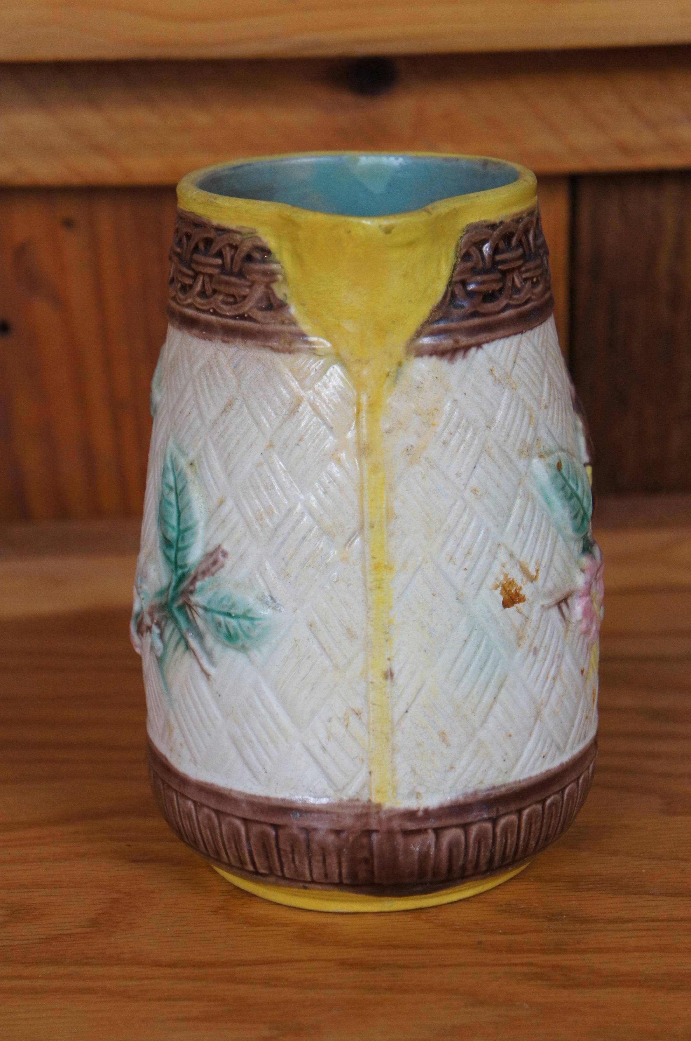 19th Century Antique Majolica Parrot Bird Dogwood Flower Basketweave Creamer Pitcher 7