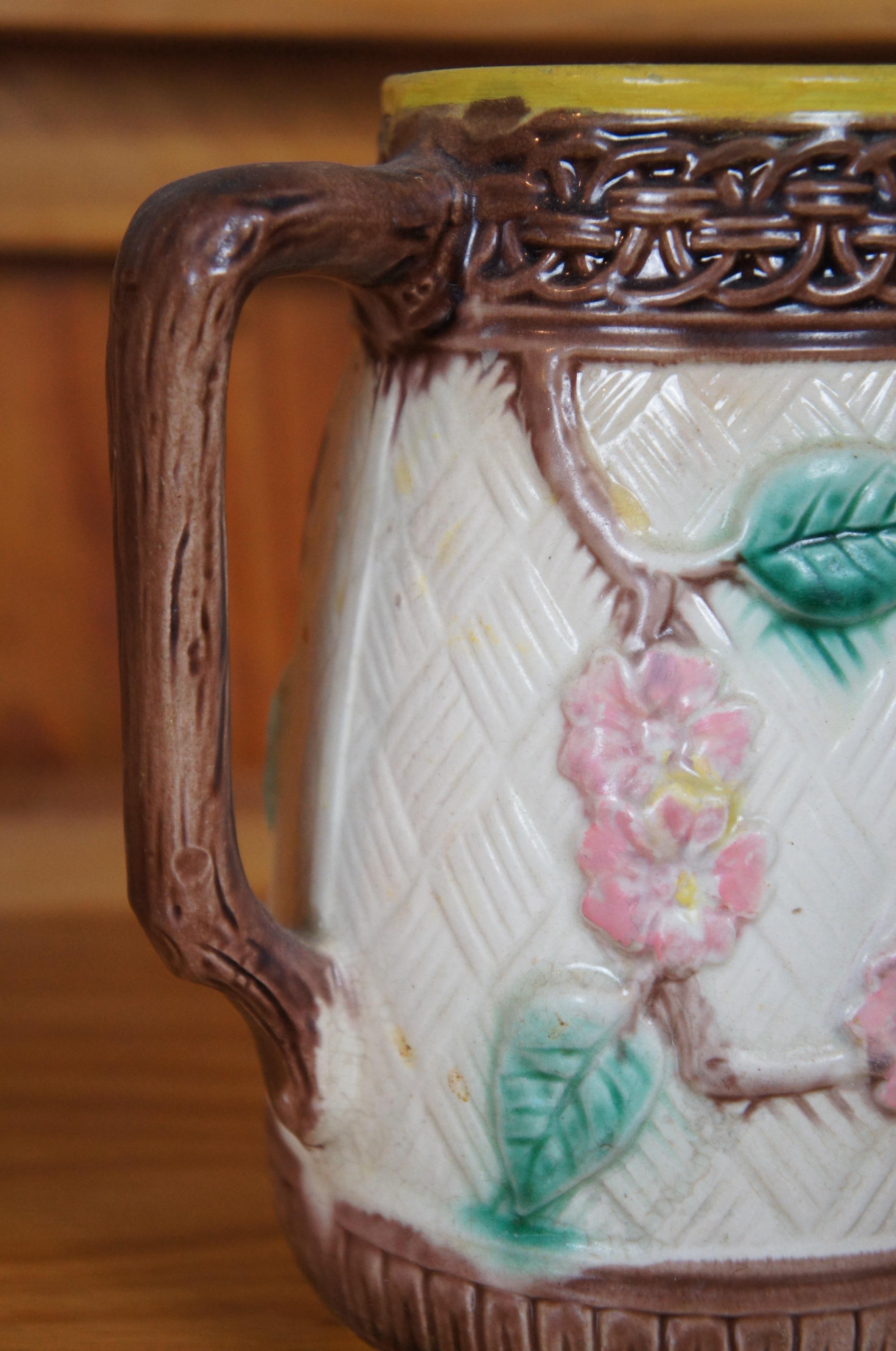 Antique Majolica Parrot Bird Dogwood Flower Basketweave Creamer Pitcher 7