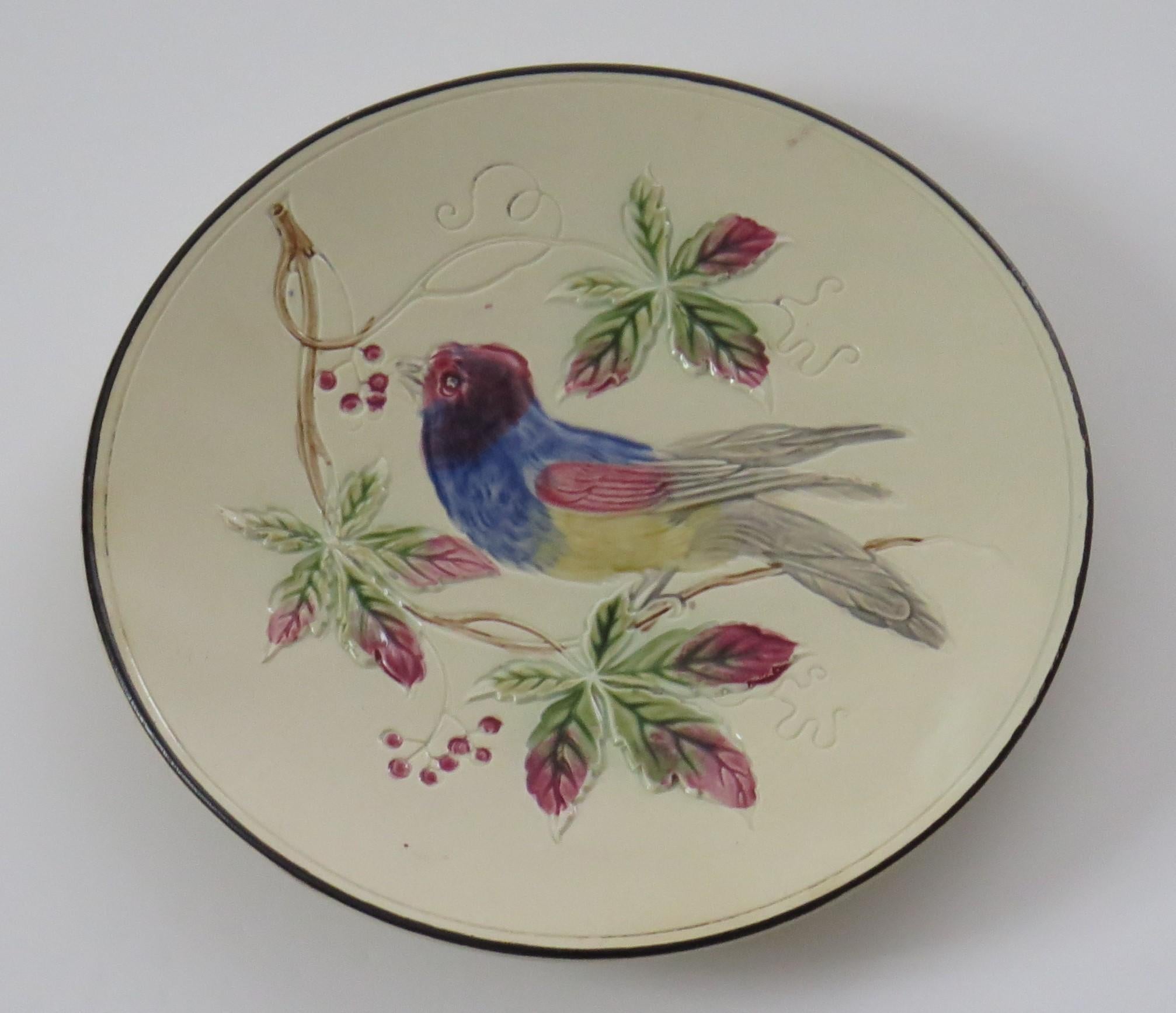 This is an early Majolica pottery Plate with a bird perched in the branches of a climbing plant. We date this plate to the early 19th Century, probably French.

The plate is hand potted on a low foot with an incised edge to the rim and a soft