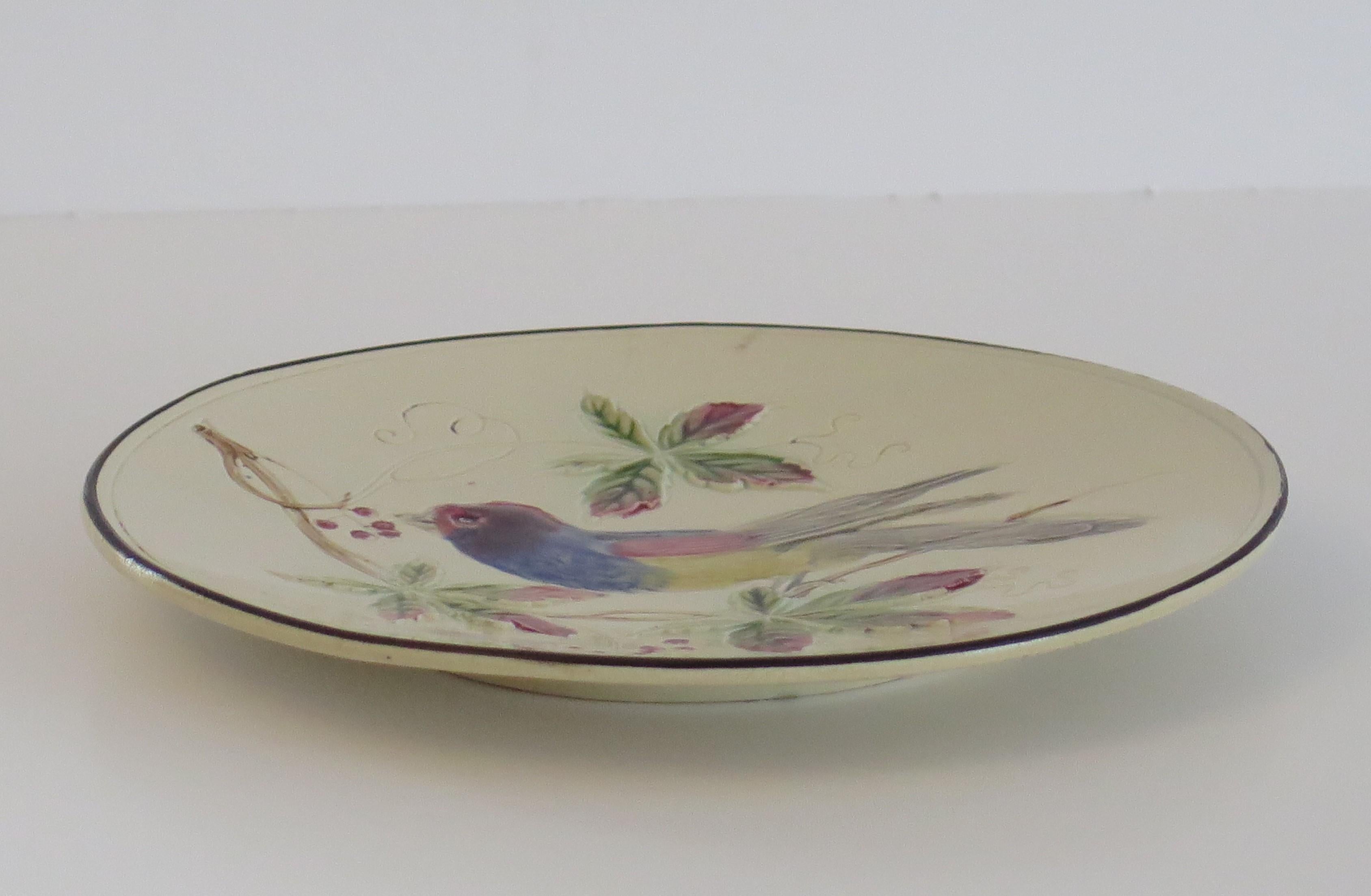 French Provincial Antique Majolica Plate with Bird, French Early 19th C For Sale