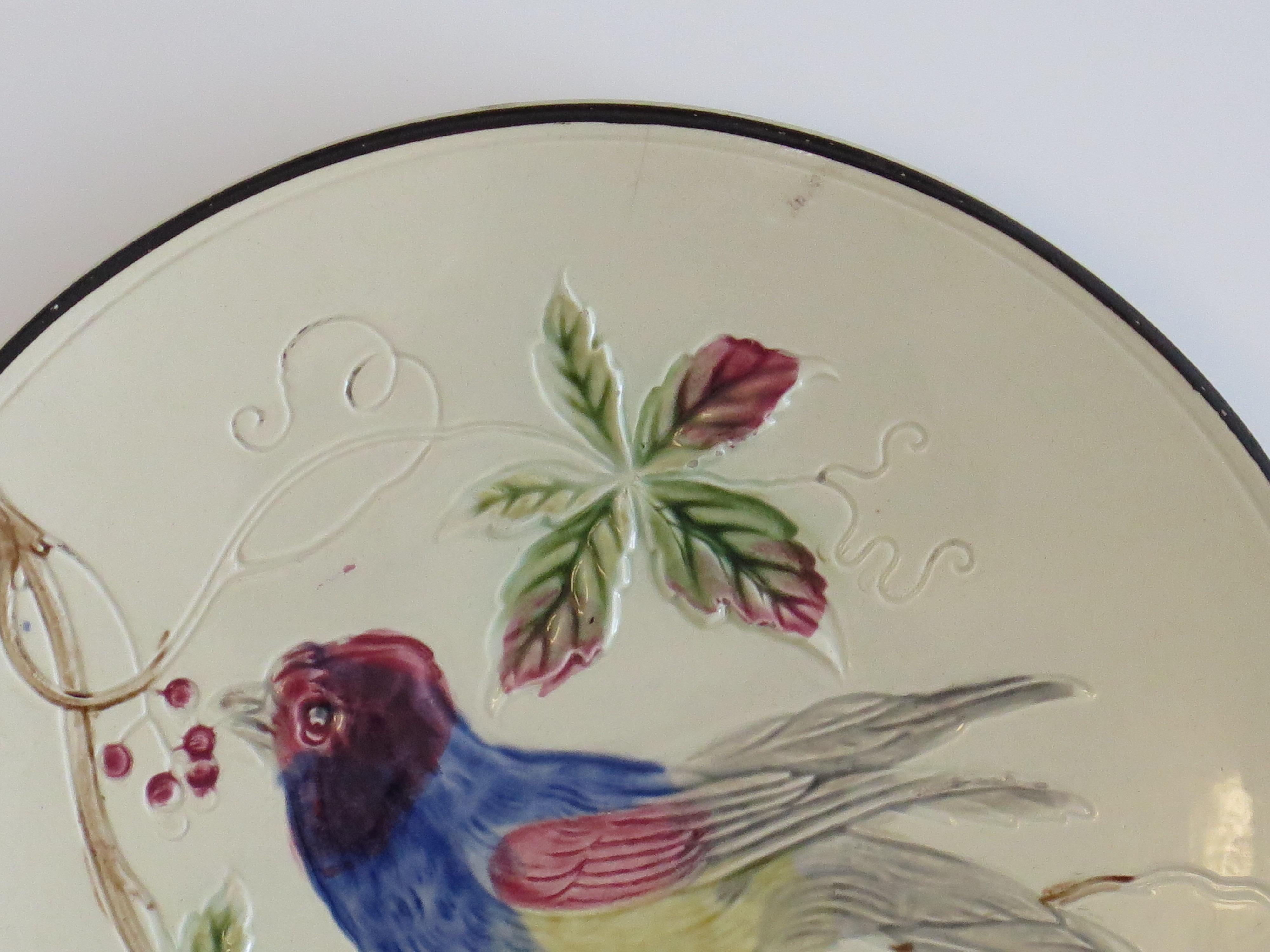 Hand-Painted Antique Majolica Plate with Bird, French Early 19th C For Sale