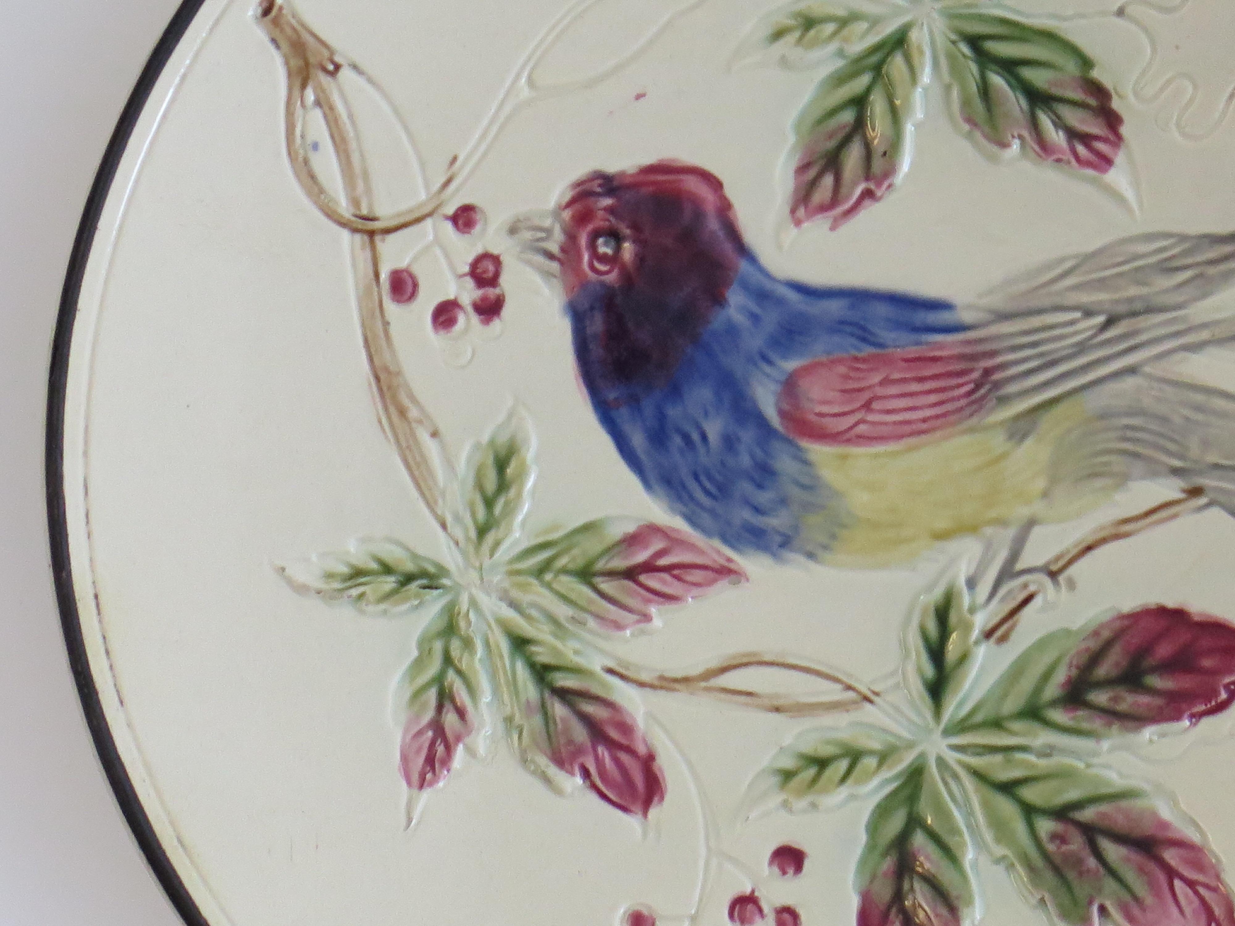 Pottery Antique Majolica Plate with Bird, French Early 19th C For Sale