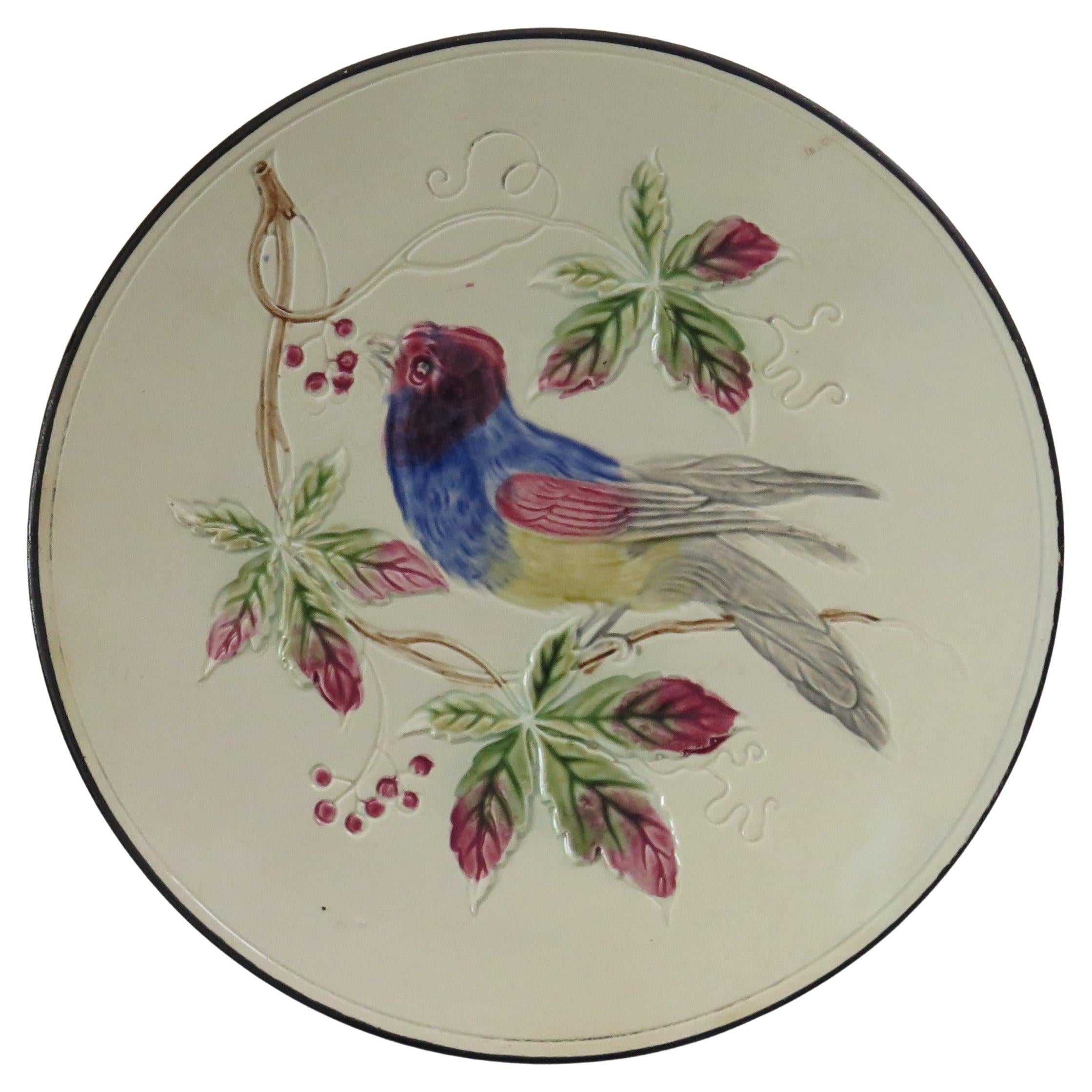 Antique Majolica Plate with Bird, French Early 19th C For Sale