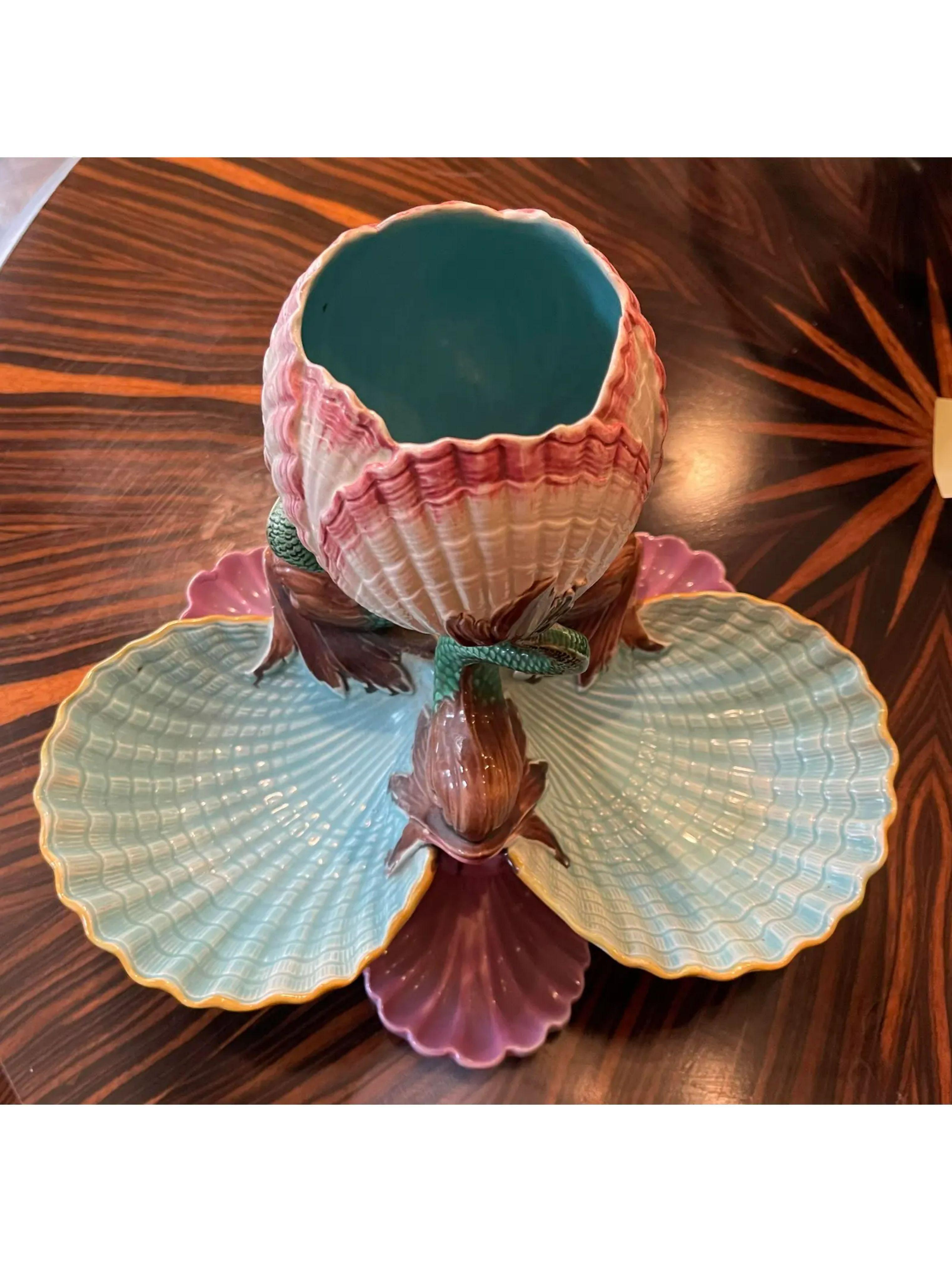 Victorian Antique Majolica Pottery Dolphin and Shell Centerpiece Bowl, 19th Century
