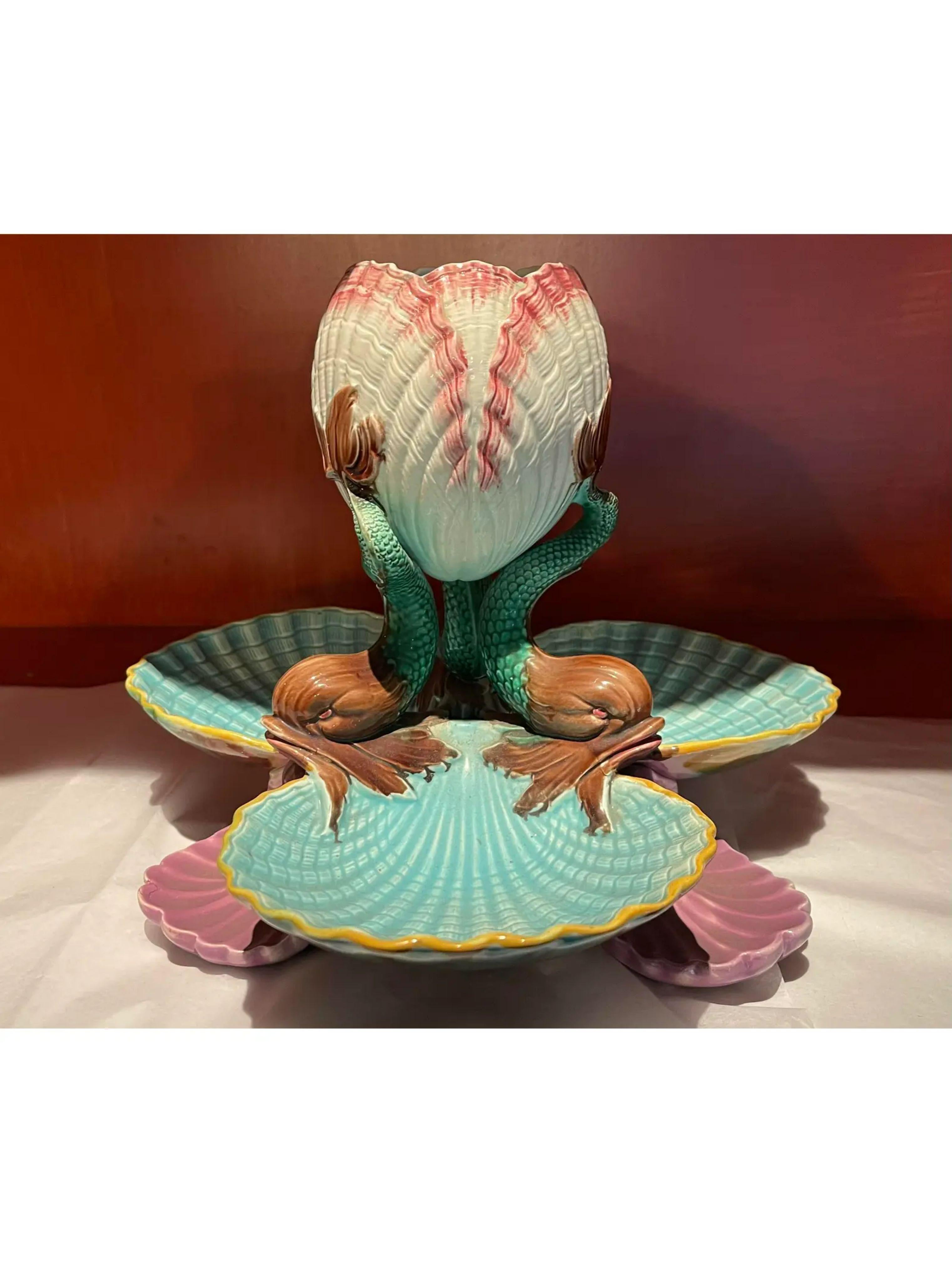 Antique Majolica Pottery Dolphin and Shell Centerpiece Bowl, 19th Century In Good Condition In LOS ANGELES, CA