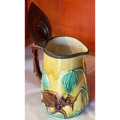 Antique Majolica Pottery ElephantPewter Lidded Jug Pitcher, 19th Century