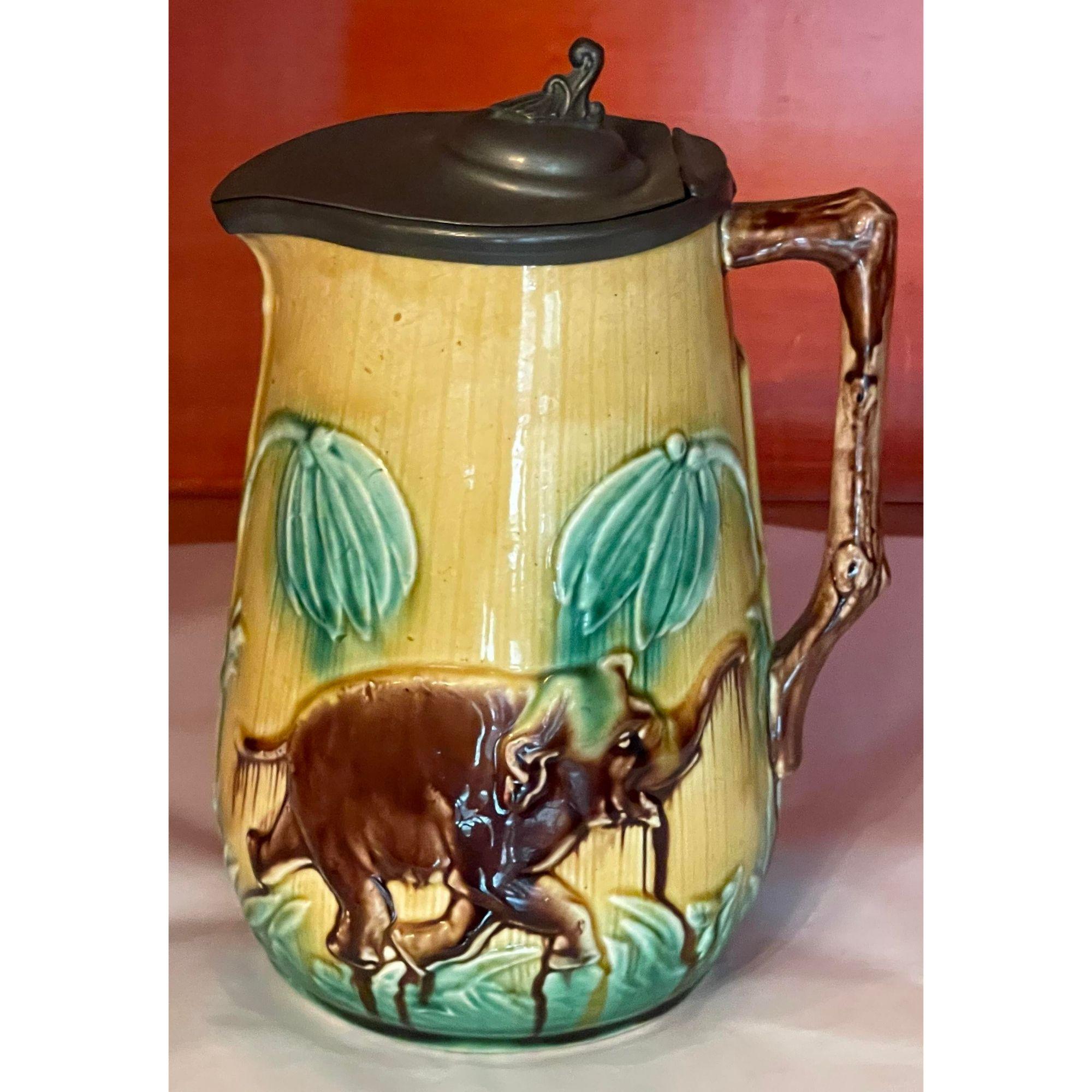 French Provincial Antique Majolica Pottery ElephantPewter Lidded Jug Pitcher, 19th Century For Sale