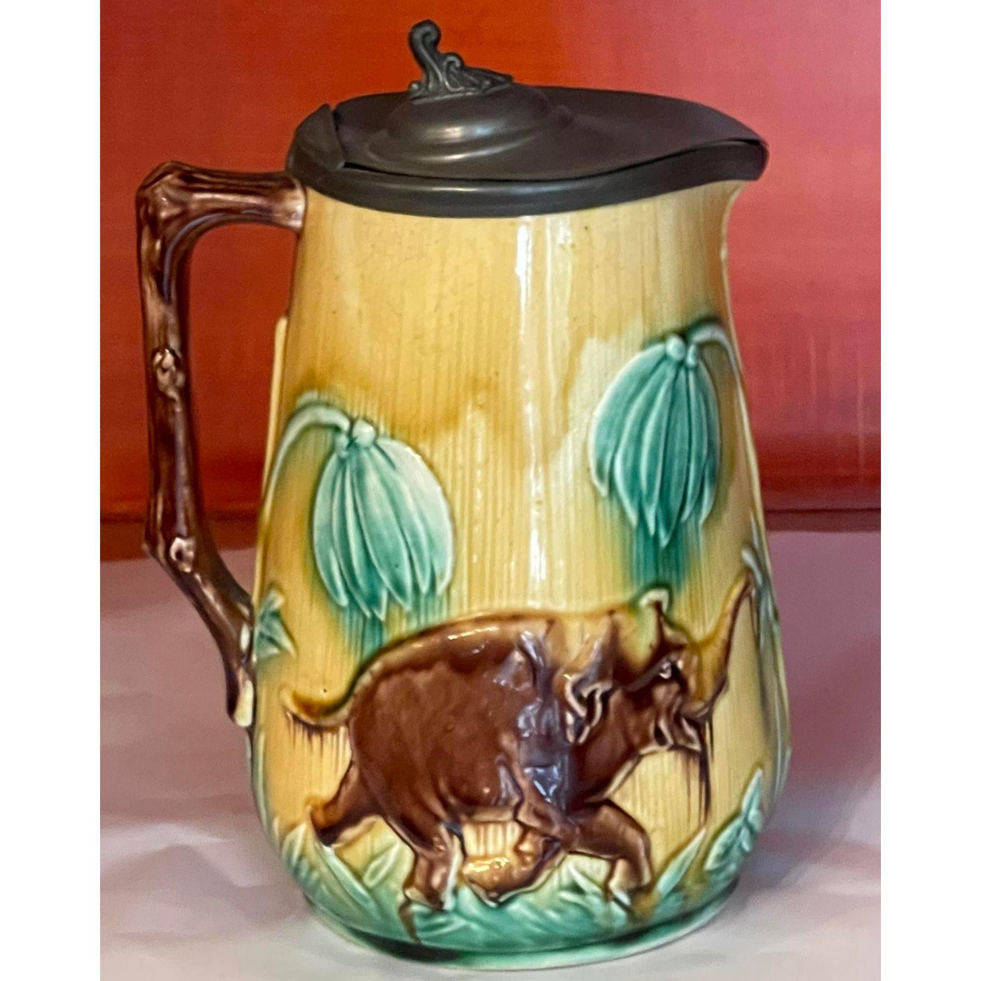 French Antique Majolica Pottery ElephantPewter Lidded Jug Pitcher, 19th Century For Sale