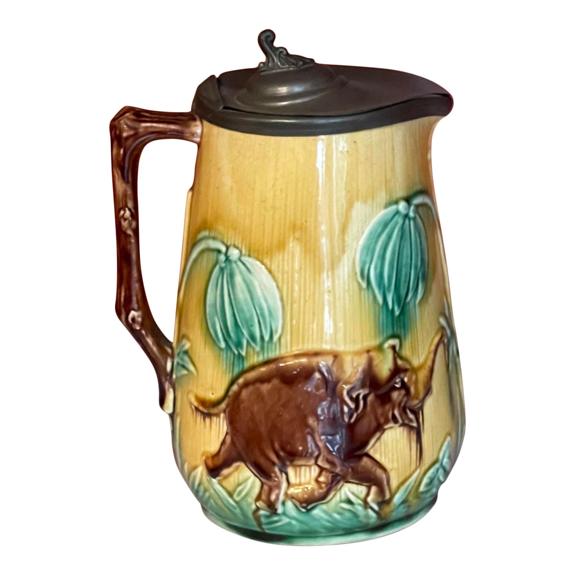 Antique Majolica Pottery ElephantPewter Lidded Jug Pitcher, 19th Century For Sale