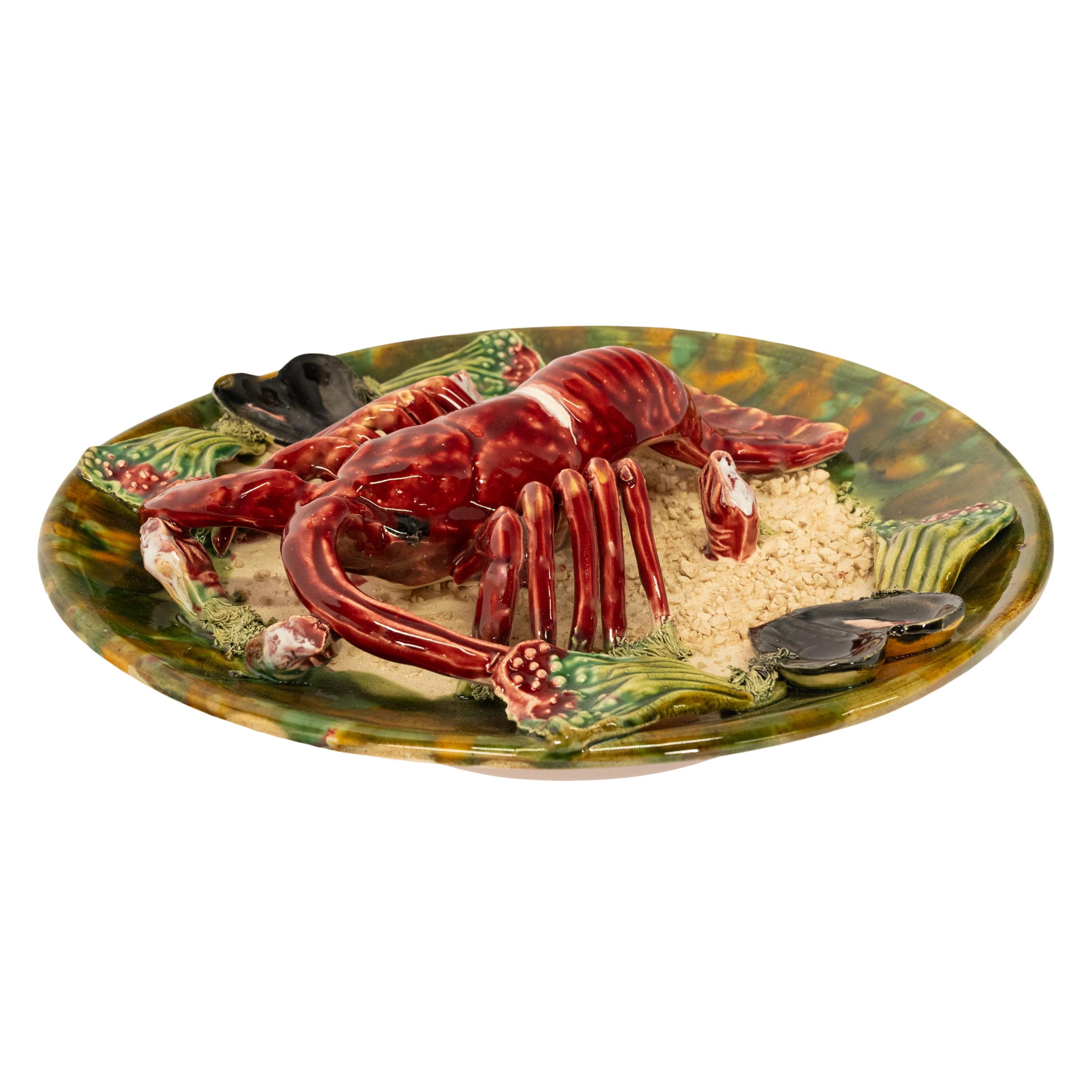 A large antique Bernard Palissy style majolica pottery lobster charger plate, by 
