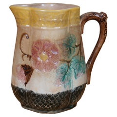 Antique Majolica Quatrefoil Dogwood Cherry Blossom Creamer Pitcher Jug 8"