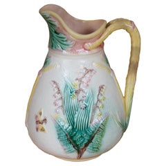 Antique Majolica Samuel Lear Lily of the Valley Fern Rope Pitcher Jug 8"
