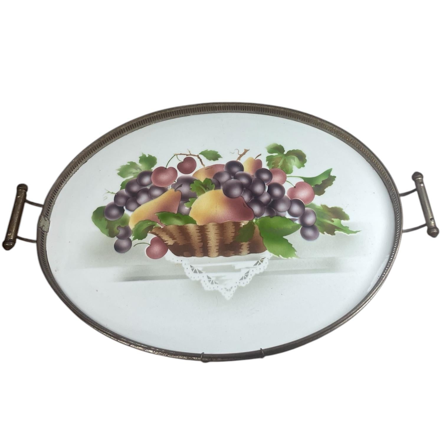 Antique Art Deco porcelain and metal serving tray with a fruit basket stencil design.
In very good vintage condition, with minimal wear and no chips or cracks.
