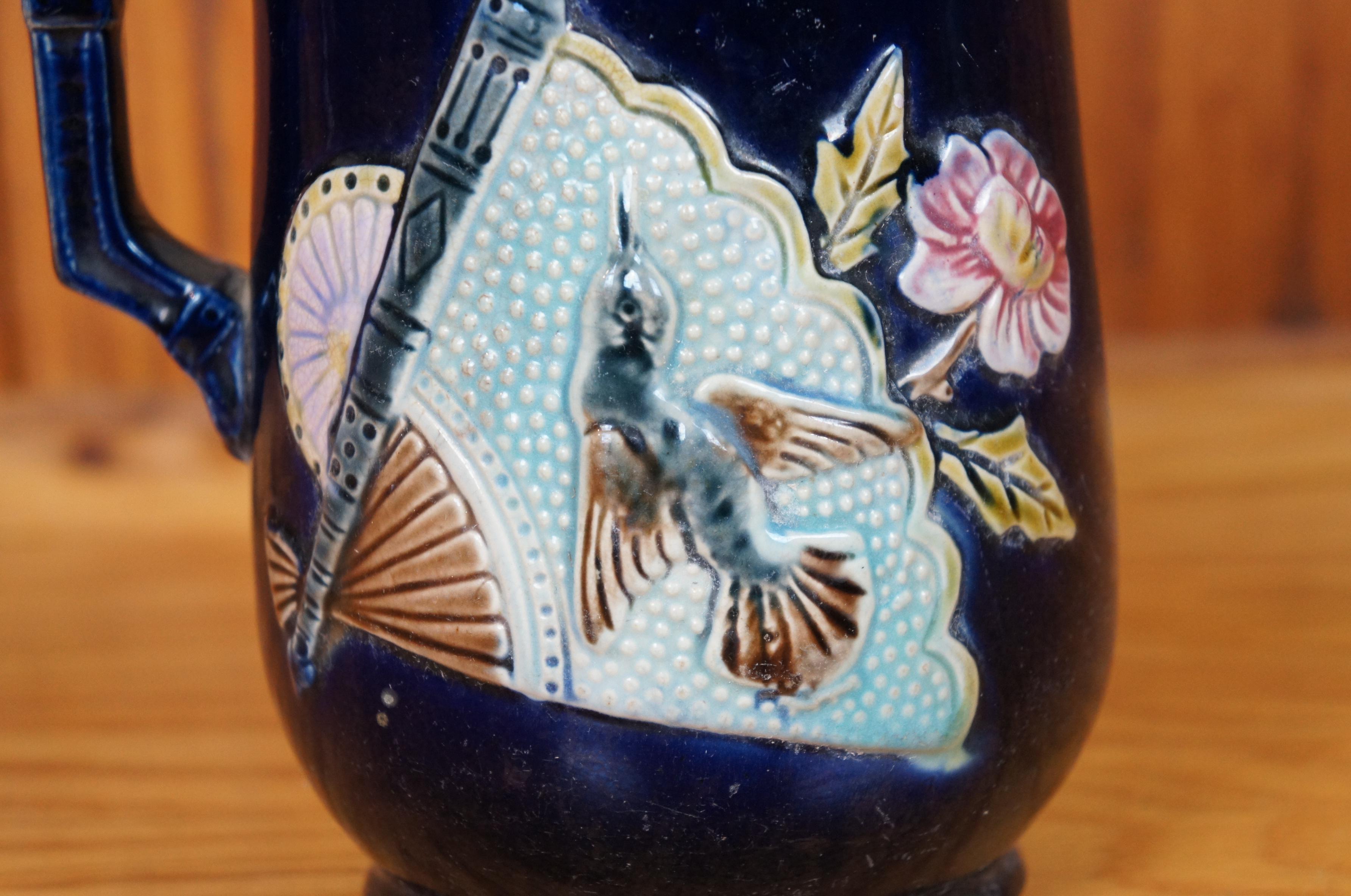 Antique Majolica Shorter & Boulton Chinese Fan Hummingbird Creamer Pitcher 7