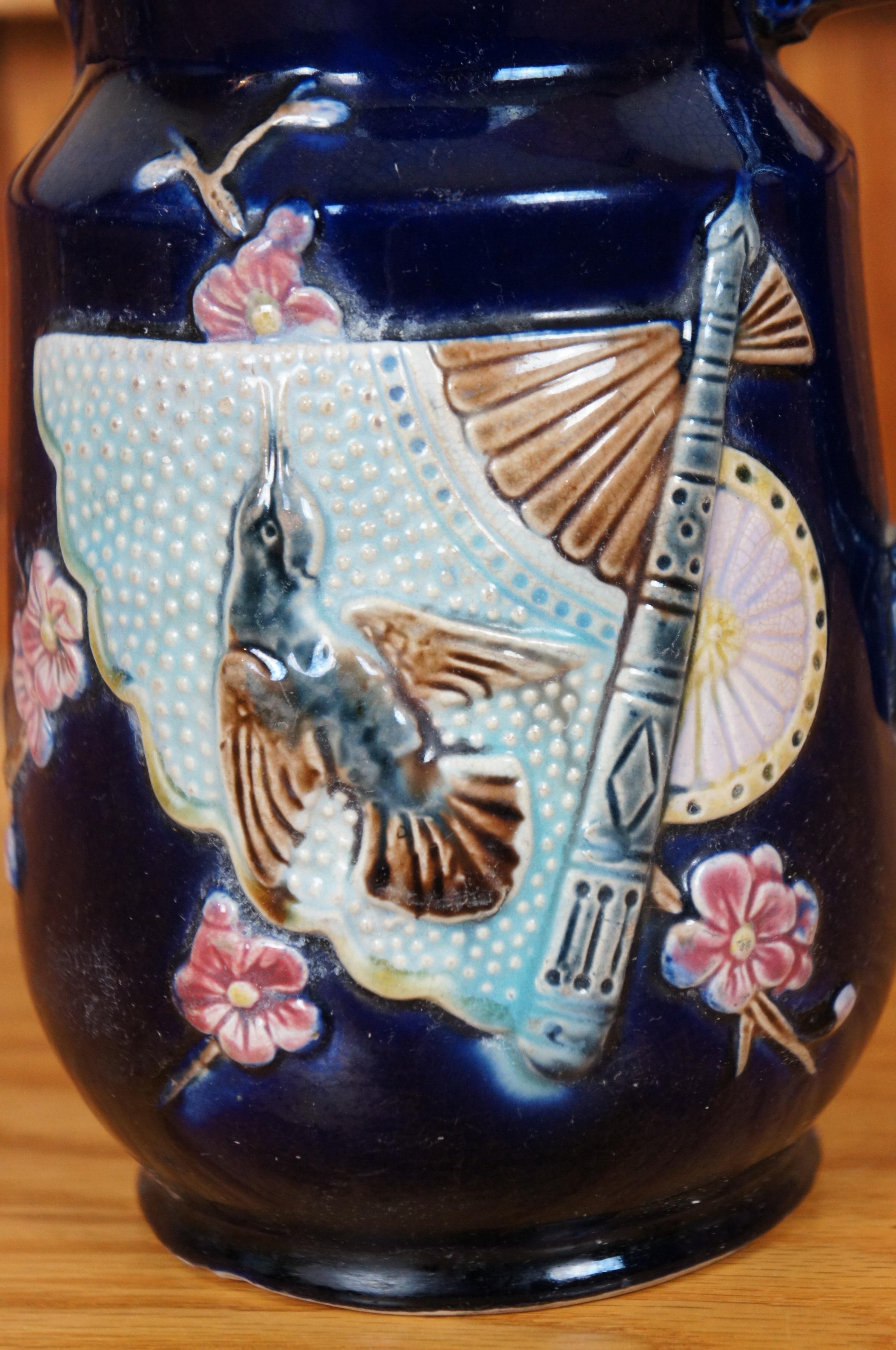 Antique Majolica Shorter & Boulton Chinese Fan Hummingbird Creamer Pitcher 7