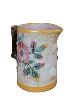 Antique Majolica Shorter & Boulton Rustic Wild Rose Tree Bark Pitcher Jug 7"