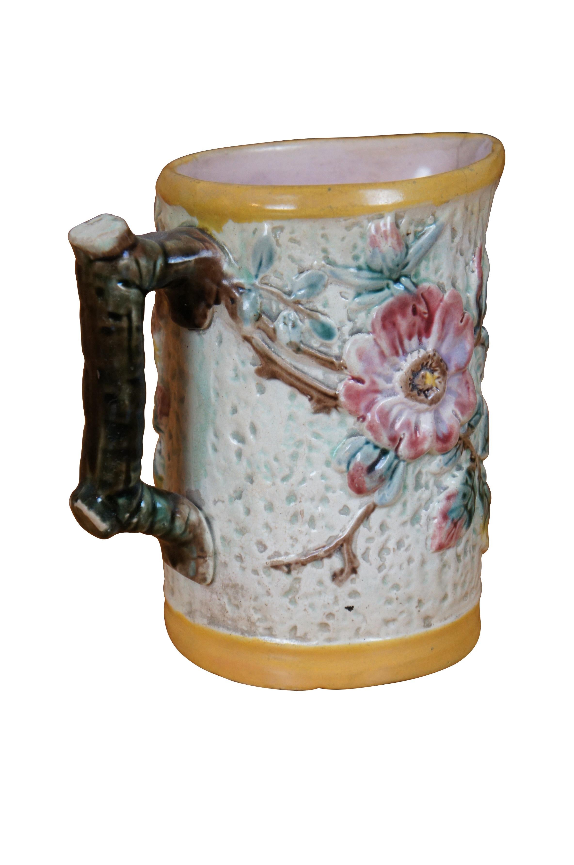 Victorian Antique Majolica Shorter & Boulton Rustic Wild Rose Tree Bark Pitcher Jug 7