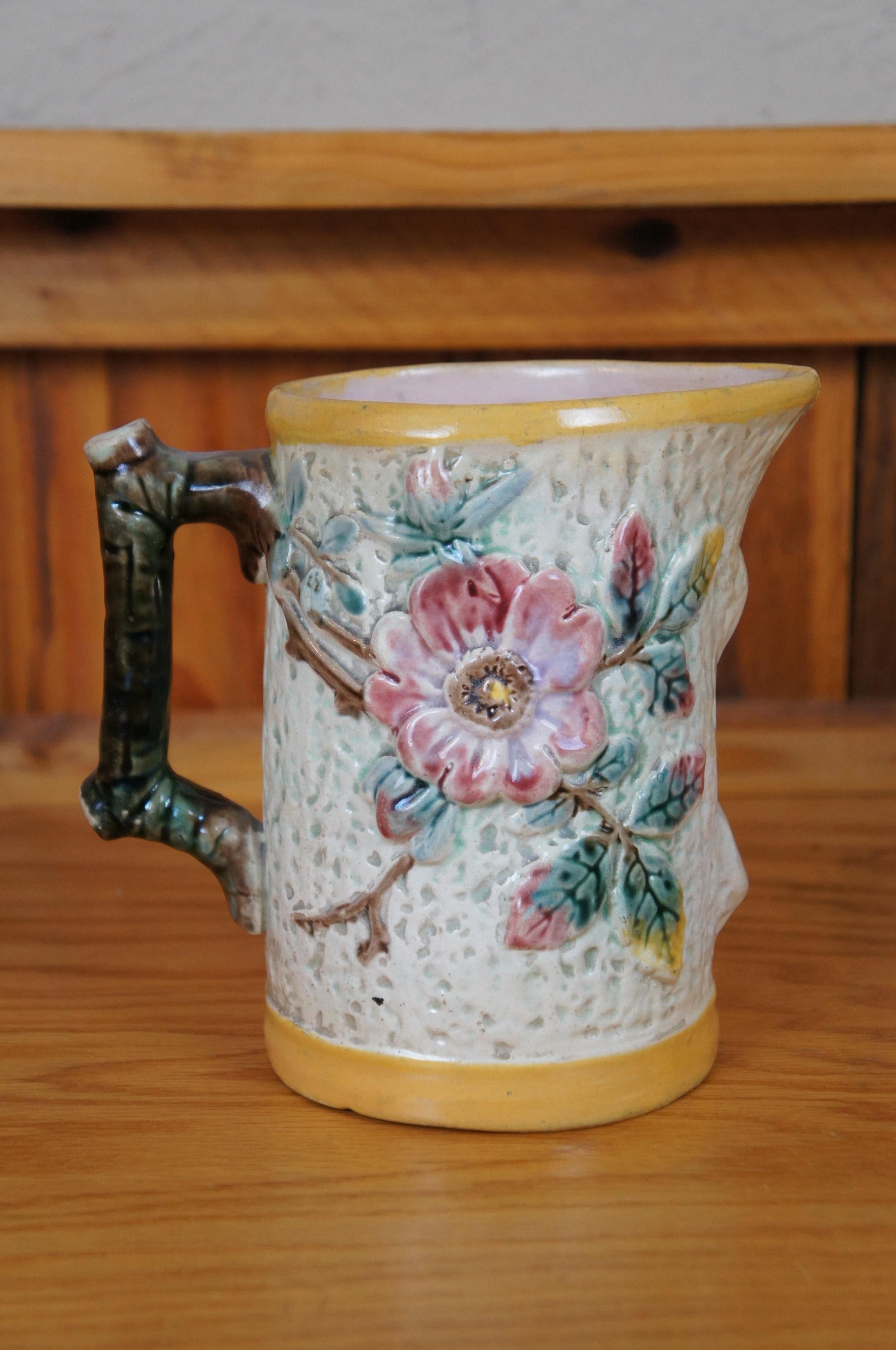 Antique Majolica Shorter & Boulton Rustic Wild Rose Tree Bark Pitcher Jug 7