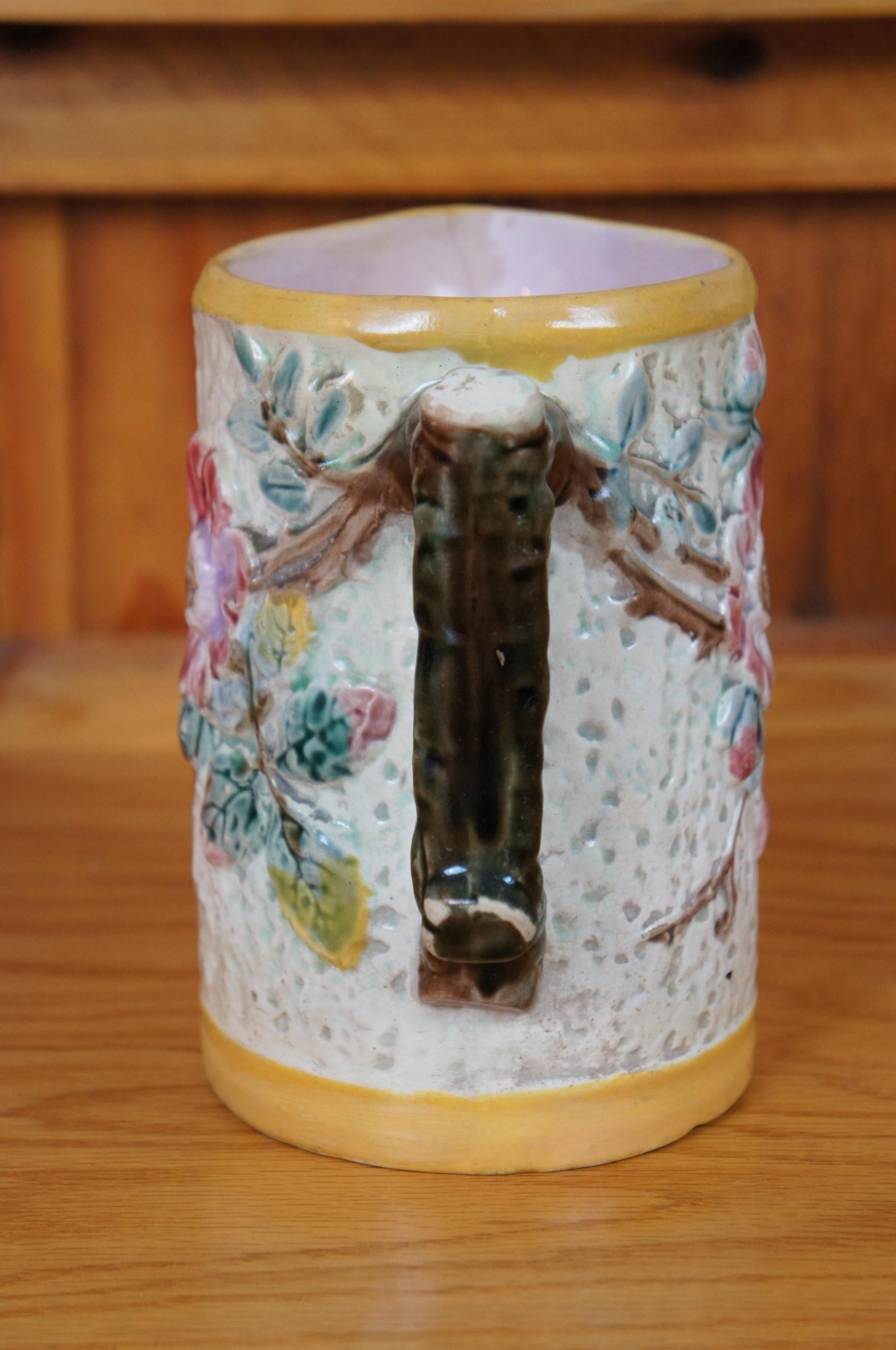 19th Century Antique Majolica Shorter & Boulton Rustic Wild Rose Tree Bark Pitcher Jug 7