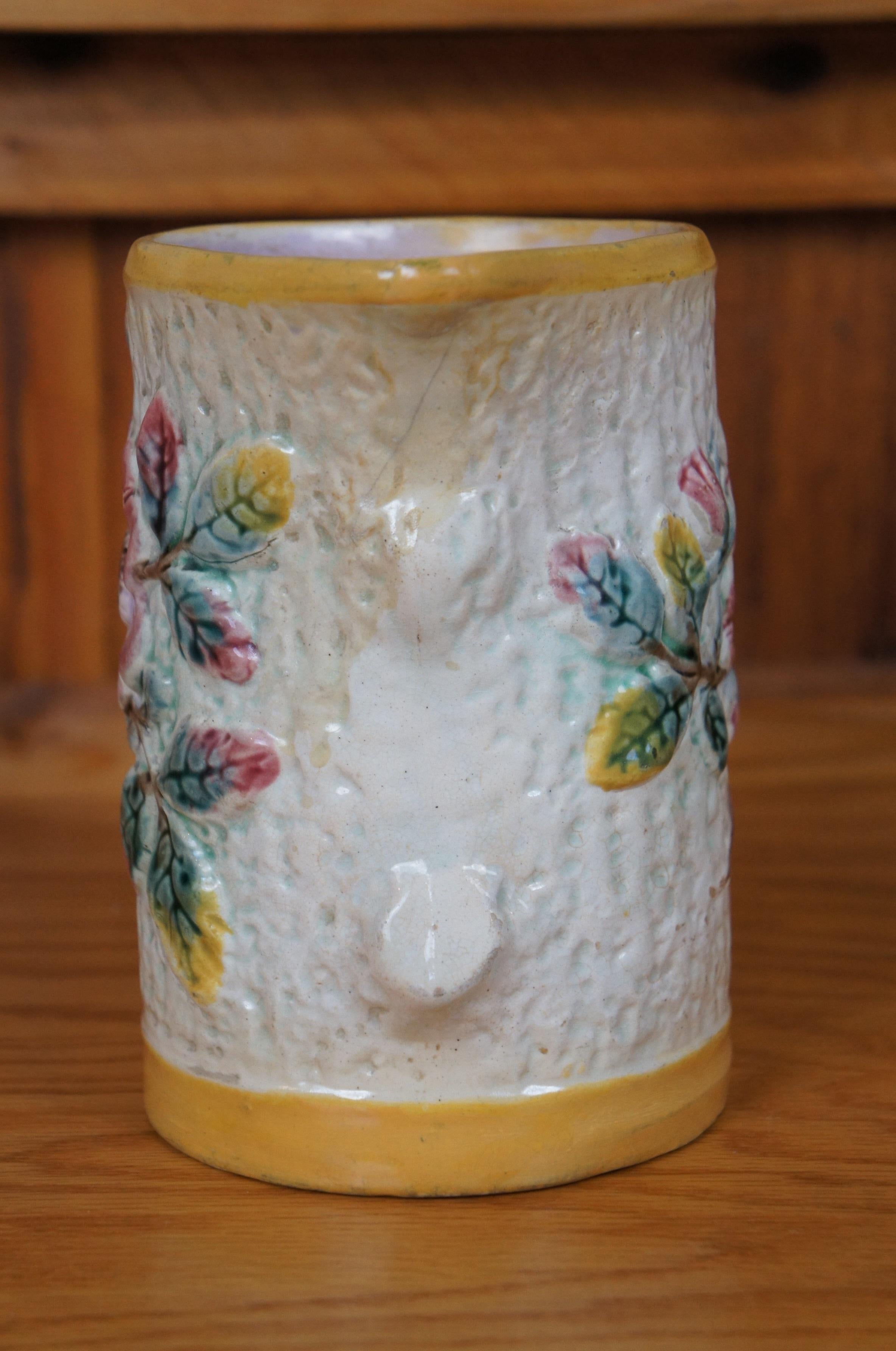Antique Majolica Shorter & Boulton Rustic Wild Rose Tree Bark Pitcher Jug 7