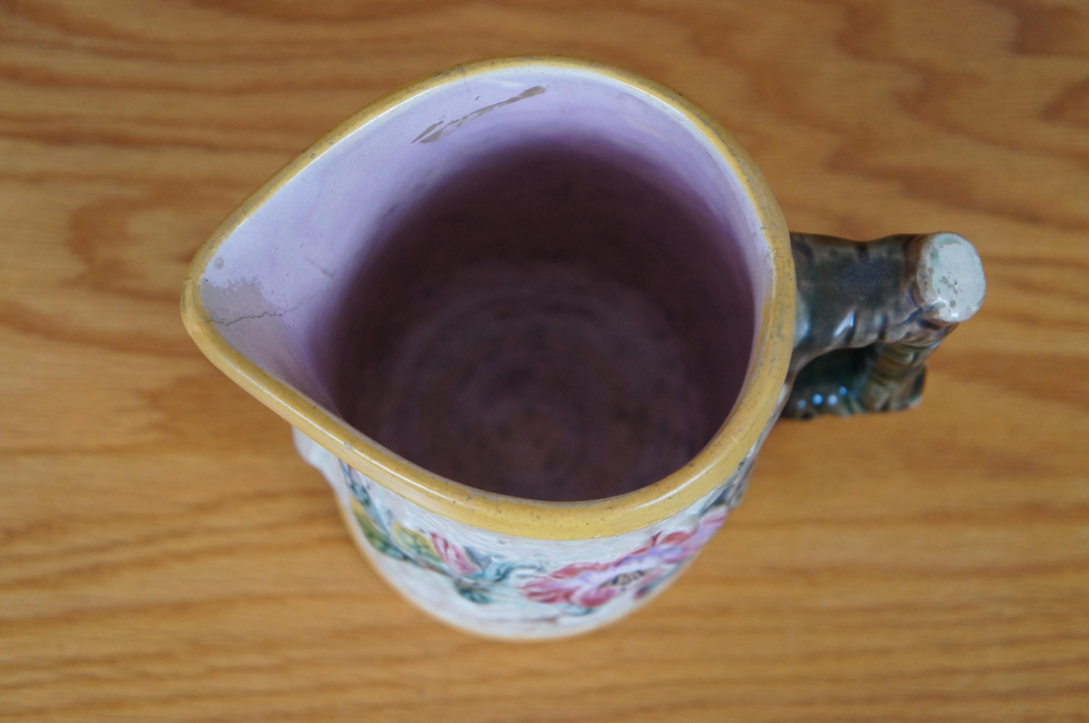 Antique Majolica Shorter & Boulton Rustic Wild Rose Tree Bark Pitcher Jug 7