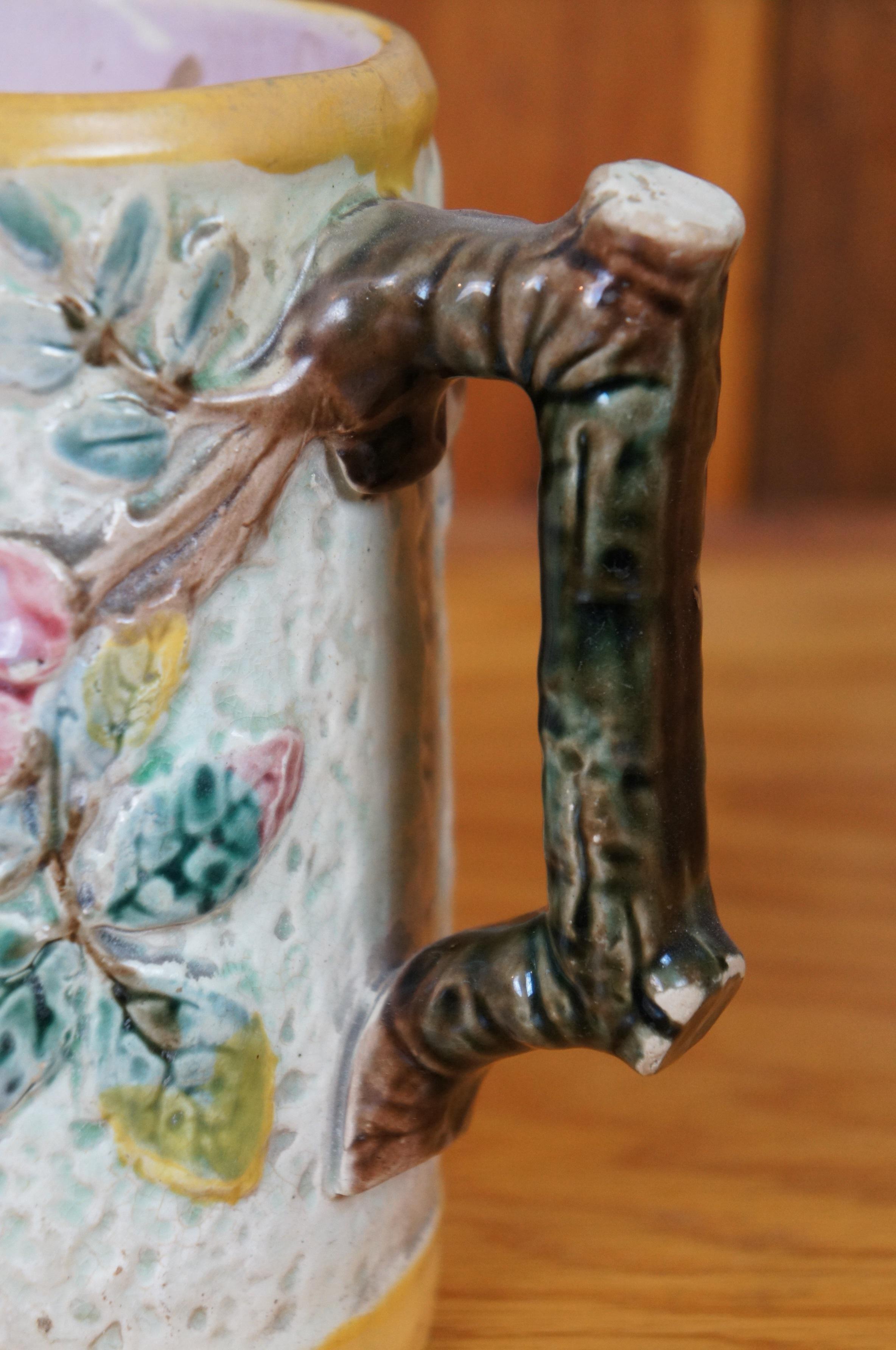 Antique Majolica Shorter & Boulton Rustic Wild Rose Tree Bark Pitcher Jug 7