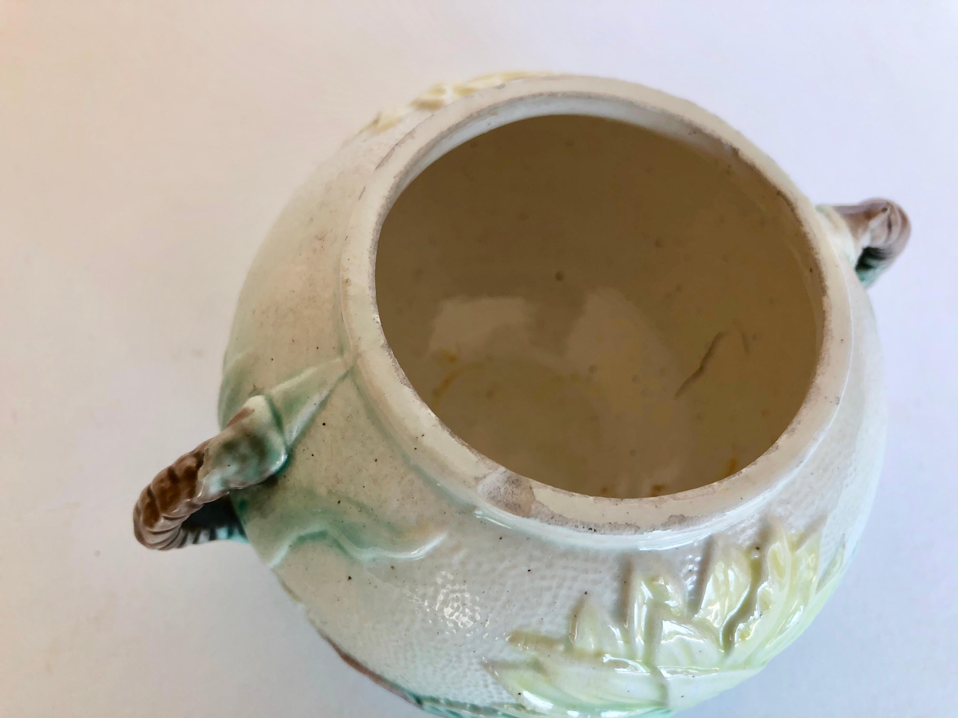Antique Majolica Sugar Bowl, Water Lily, Turquoise, Green, Yellow, Rose In Good Condition For Sale In Glen Ellyn, IL