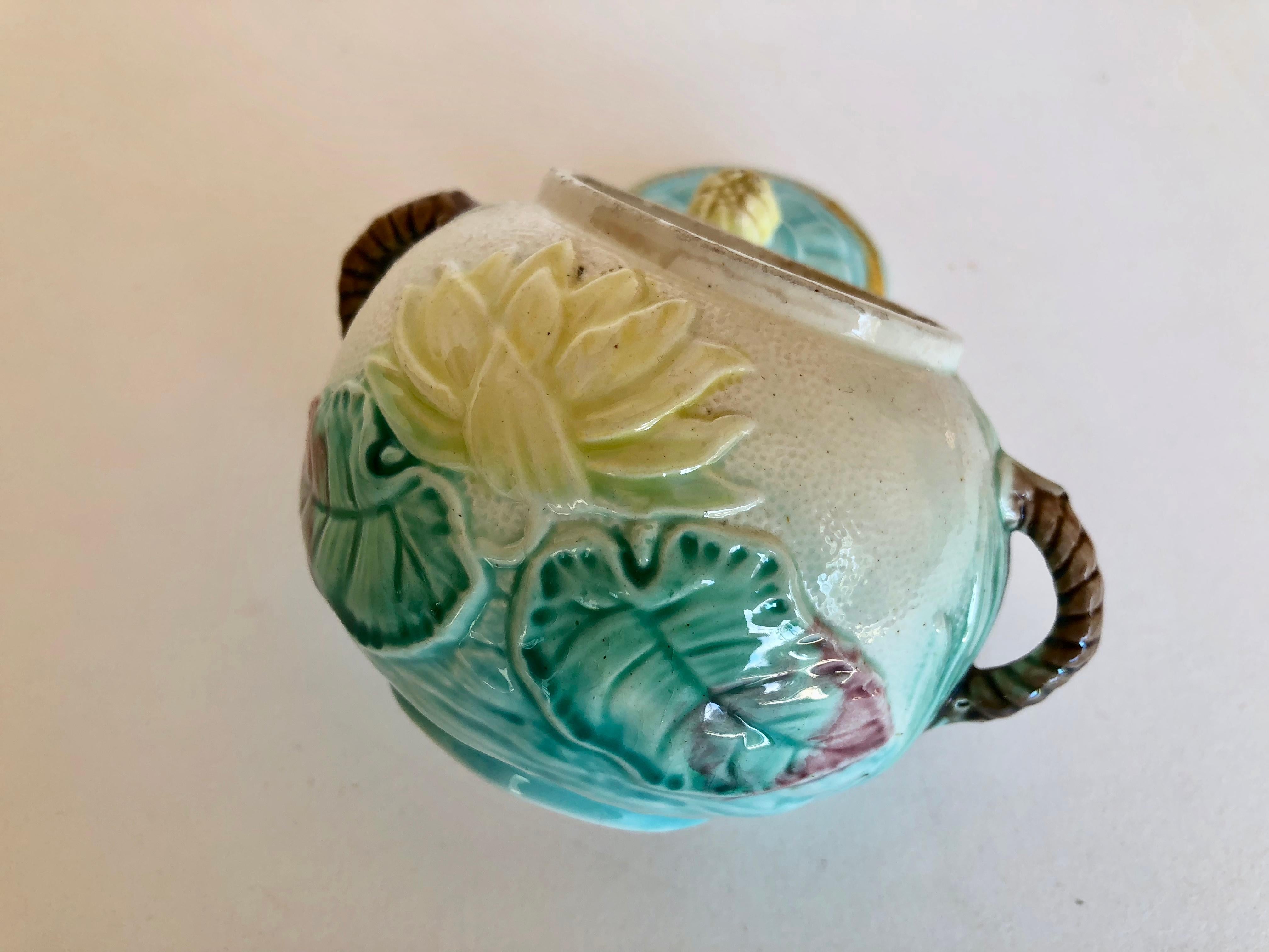 Ceramic Antique Majolica Sugar Bowl, Water Lily, Turquoise, Green, Yellow, Rose For Sale