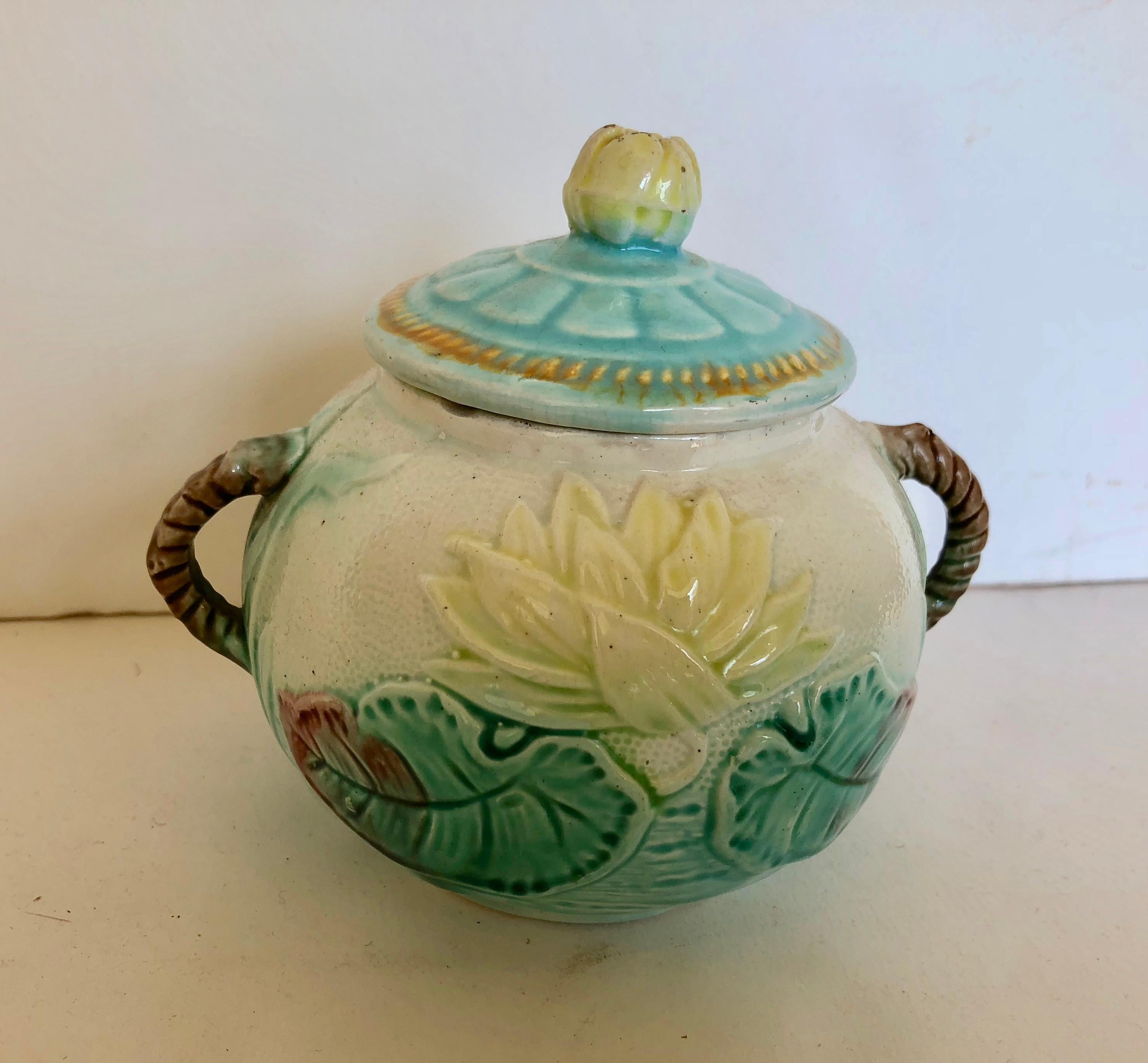 Antique Majolica Sugar Bowl, Water Lily, Turquoise, Green, Yellow, Rose For Sale 1