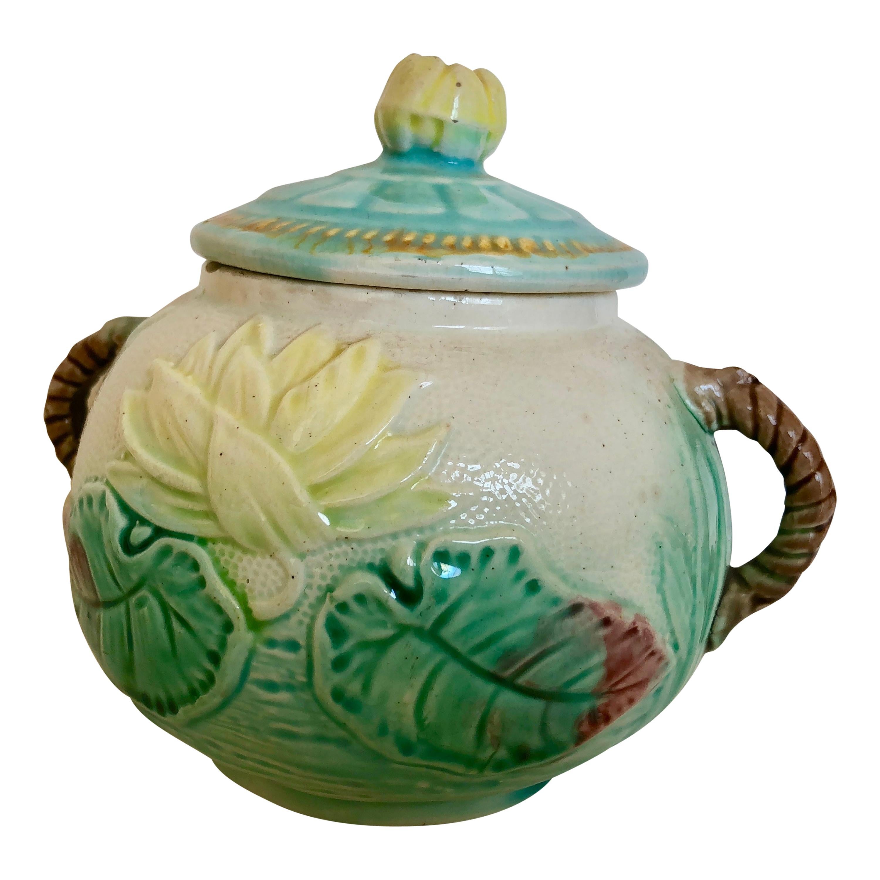 Antique Majolica Sugar Bowl, Water Lily, Turquoise, Green, Yellow, Rose For Sale