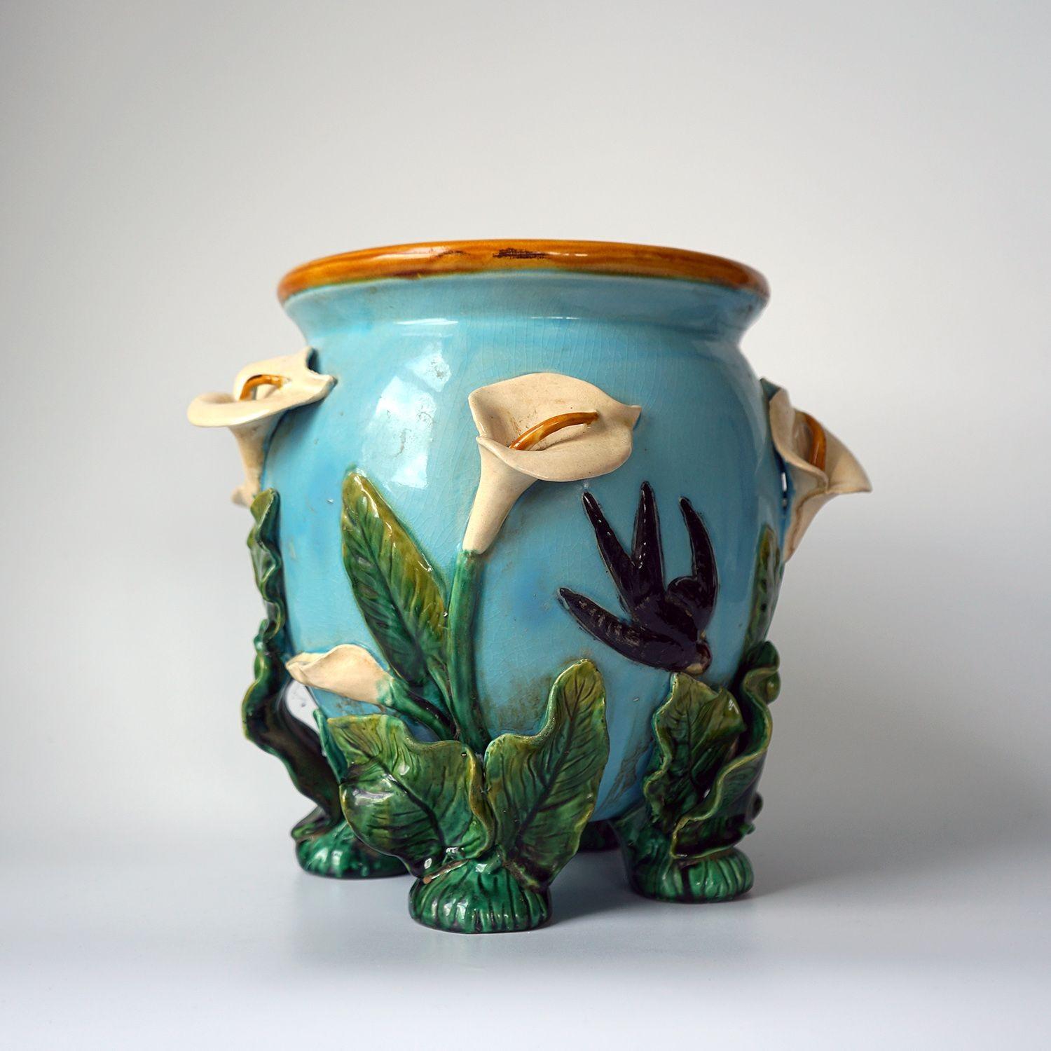 Victorian Antique Majolica 'Swallow and Lily' Jardiniere by George Jones, 19th Century