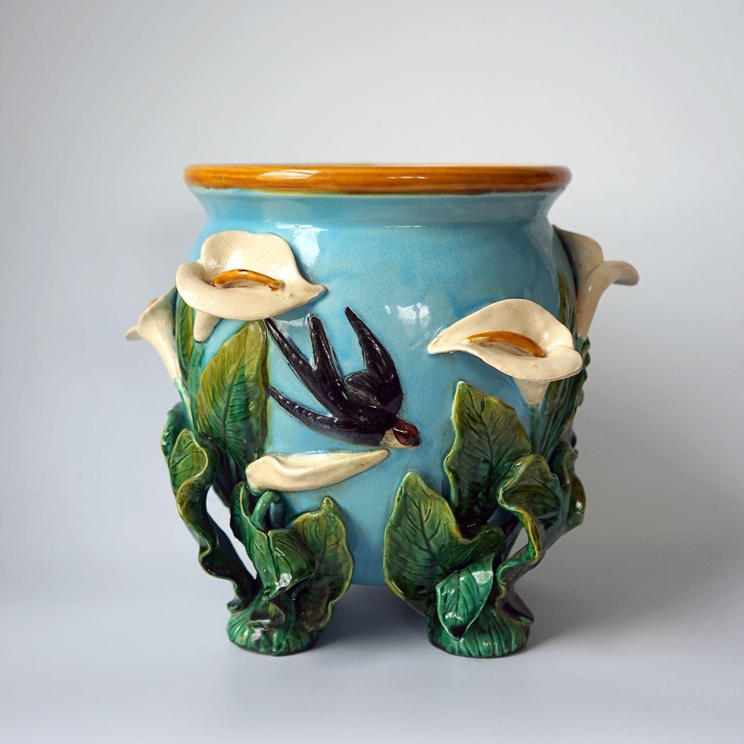 British Antique Majolica 'Swallow and Lily' Jardiniere by George Jones, 19th Century