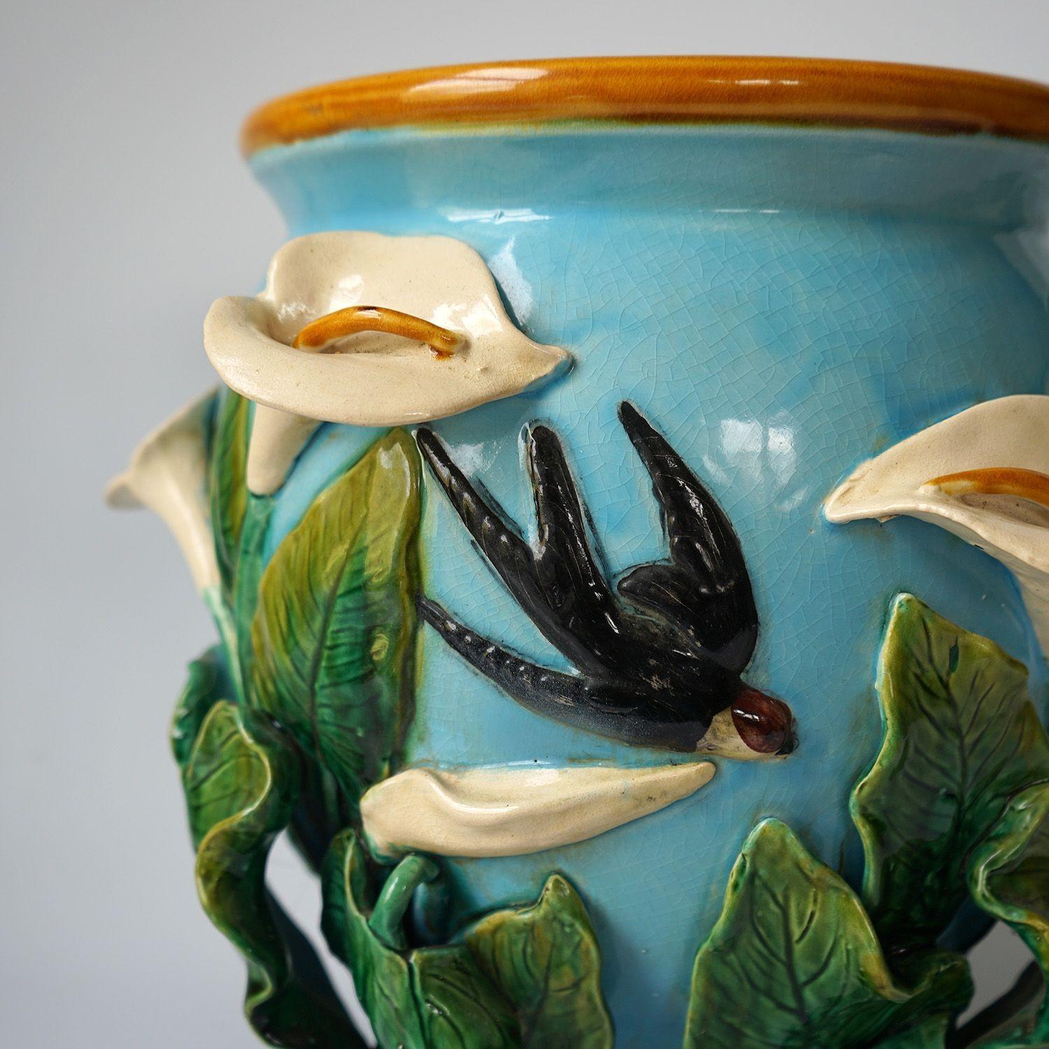 Glazed Antique Majolica 'Swallow and Lily' Jardiniere by George Jones, 19th Century