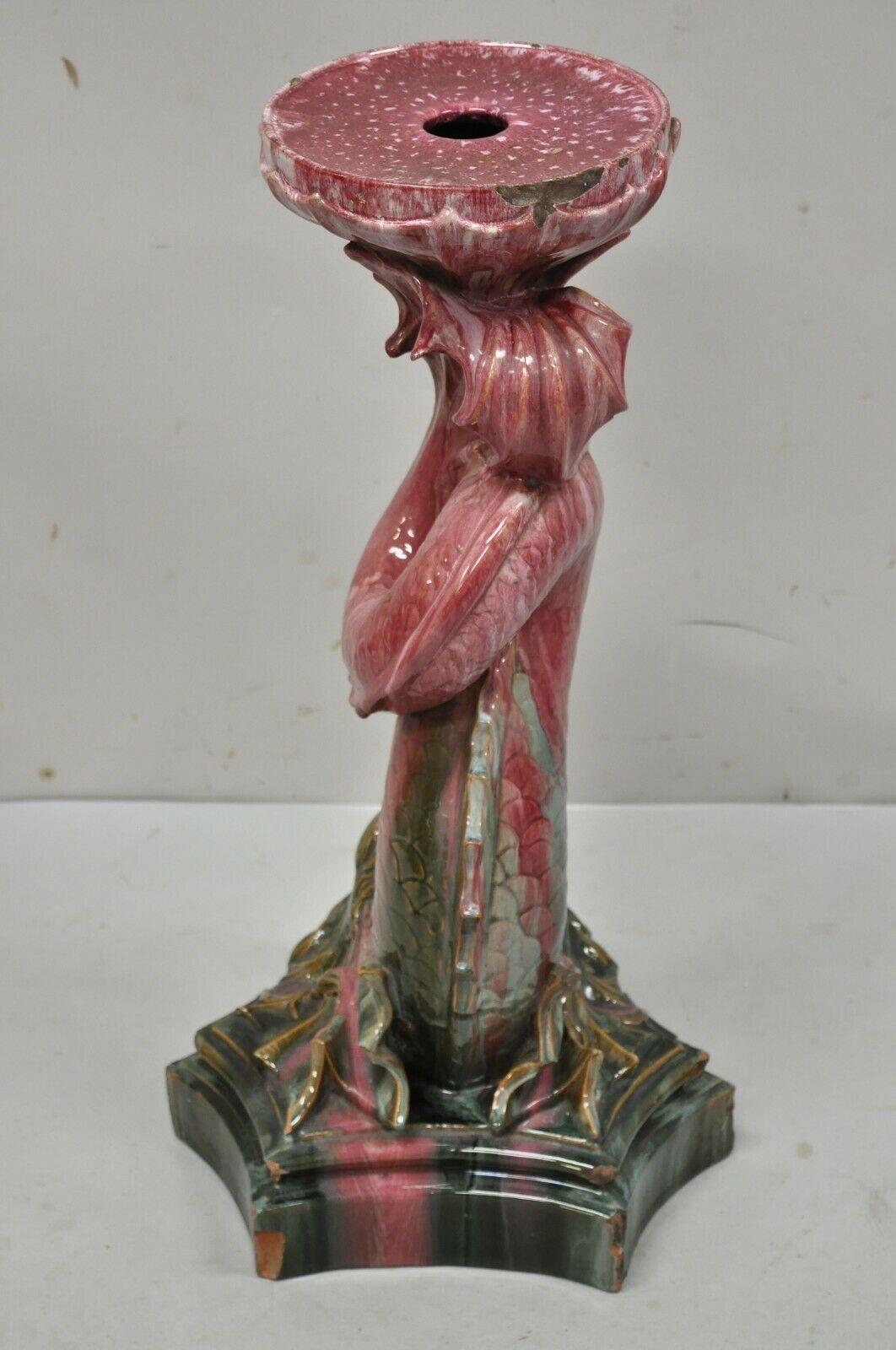 Antique Majolica Terracotta Pottery Dolphin Serpent Pink Plant Stand Pedestal For Sale 3