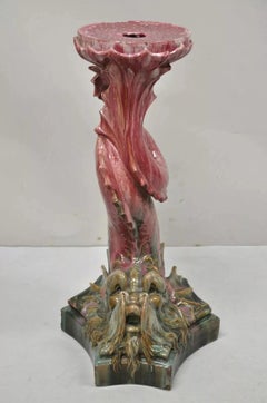Antique Majolica Terracotta Pottery Dolphin Serpent Pink Plant Stand Pedestal