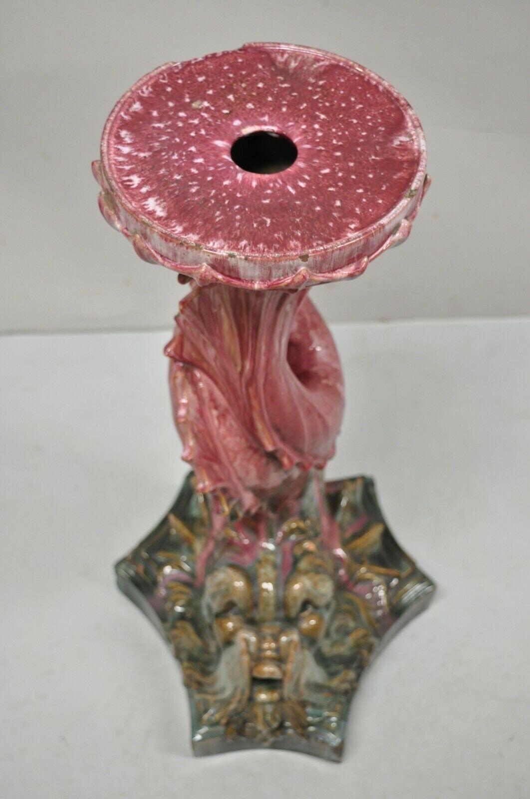 Art Nouveau Antique Majolica Terracotta Pottery Dolphin Serpent Pink Plant Stand Pedestal For Sale