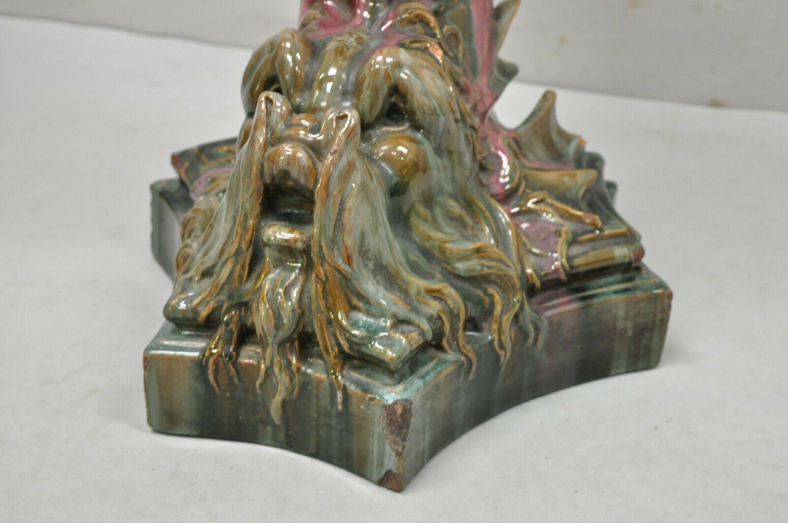 Antique Majolica Terracotta Pottery Dolphin Serpent Pink Plant Stand Pedestal For Sale 2