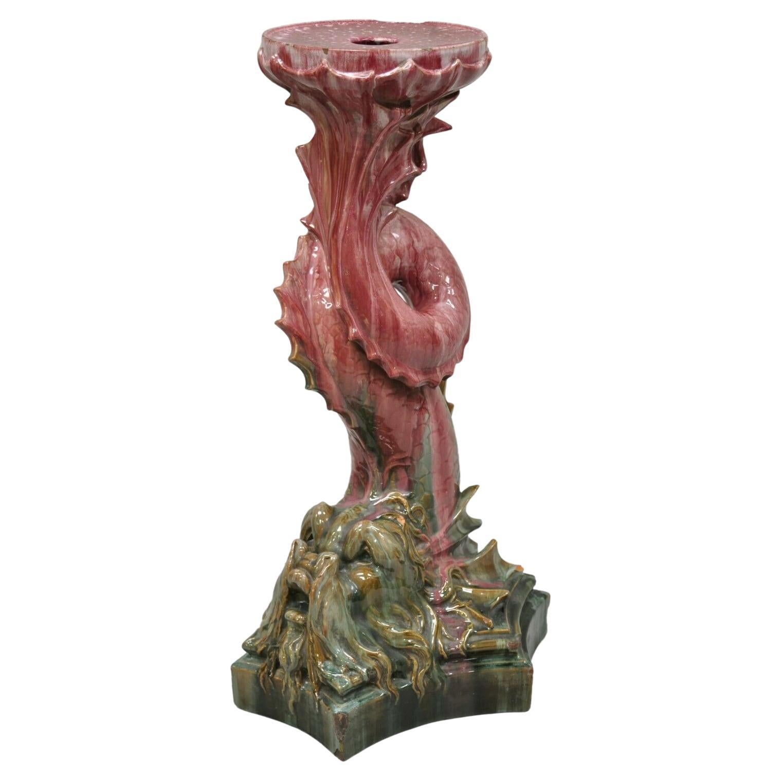 Antique Majolica Terracotta Pottery Dolphin Serpent Pink Plant Stand Pedestal For Sale