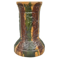 Antique Majolica Terracotta Red Green Drip Glaze Figural Plant Stand Pedestal