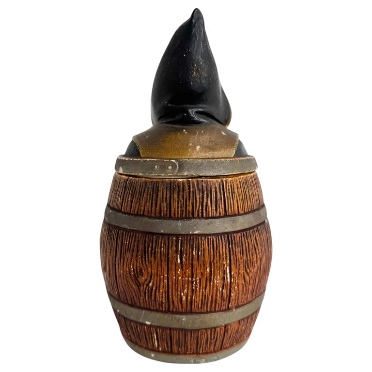 Antique Majolica Tobacco Jar Munich Child in Hofbrauhaus Keg, Germany 1890s
