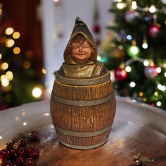 Antique Majolica Tobacco Jar Munich Child in Hofbrauhaus Keg, Germany 1890s