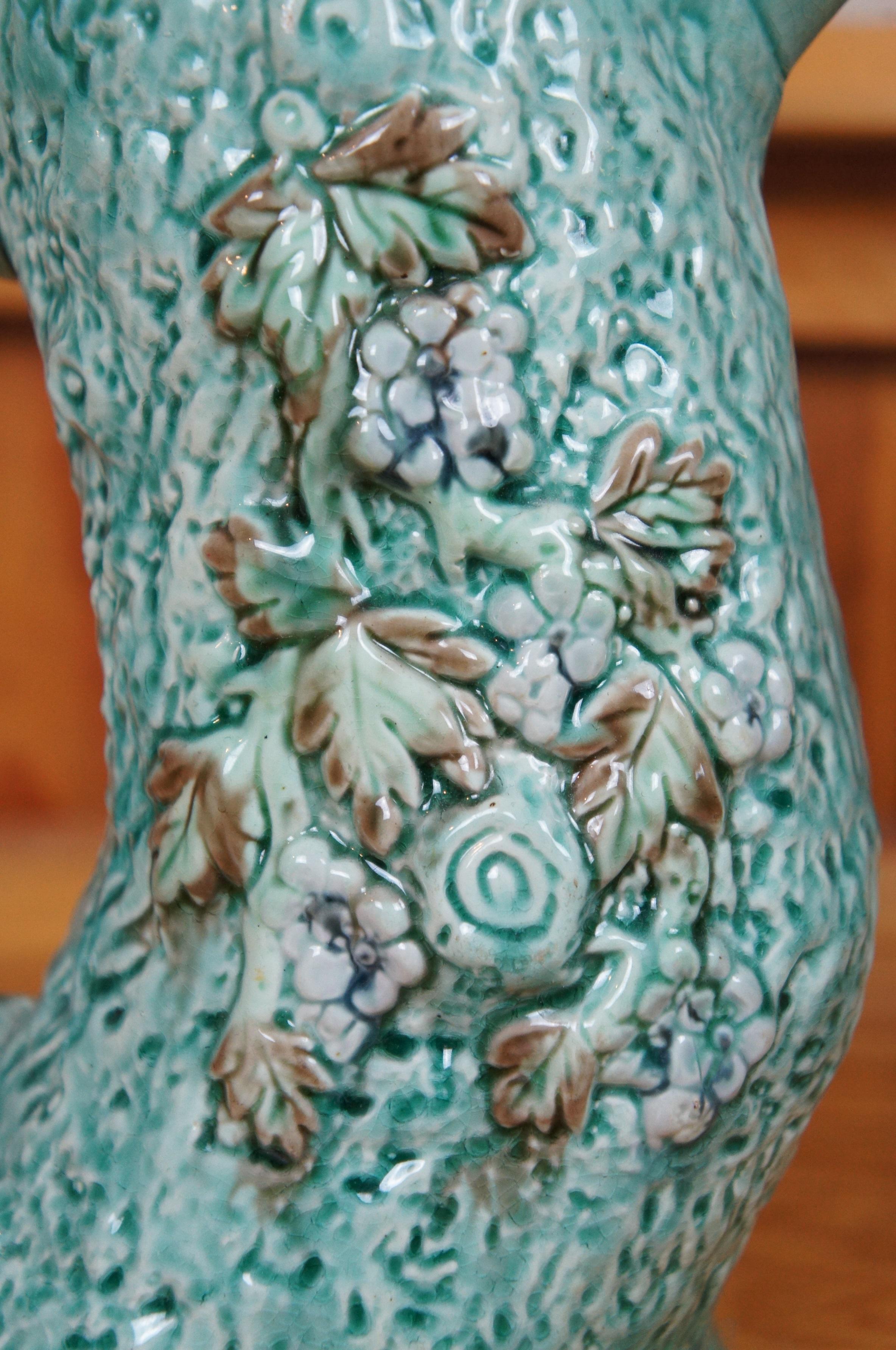 Ancienne Majolique Turquoise Adirondak Tree Trunk Log Branch Pitcher Jug 8