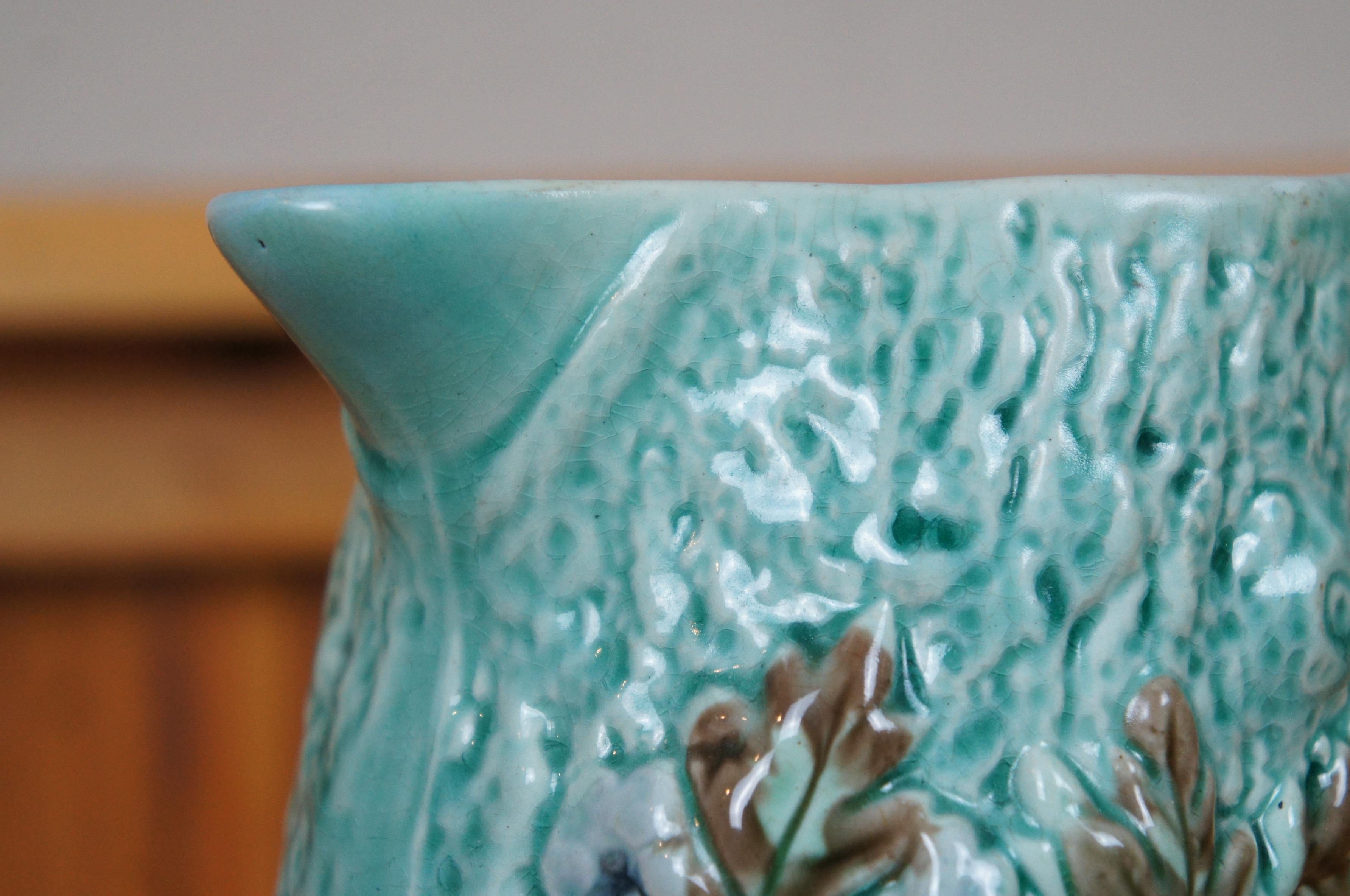 Ancienne Majolique Turquoise Adirondak Tree Trunk Log Branch Pitcher Jug 8