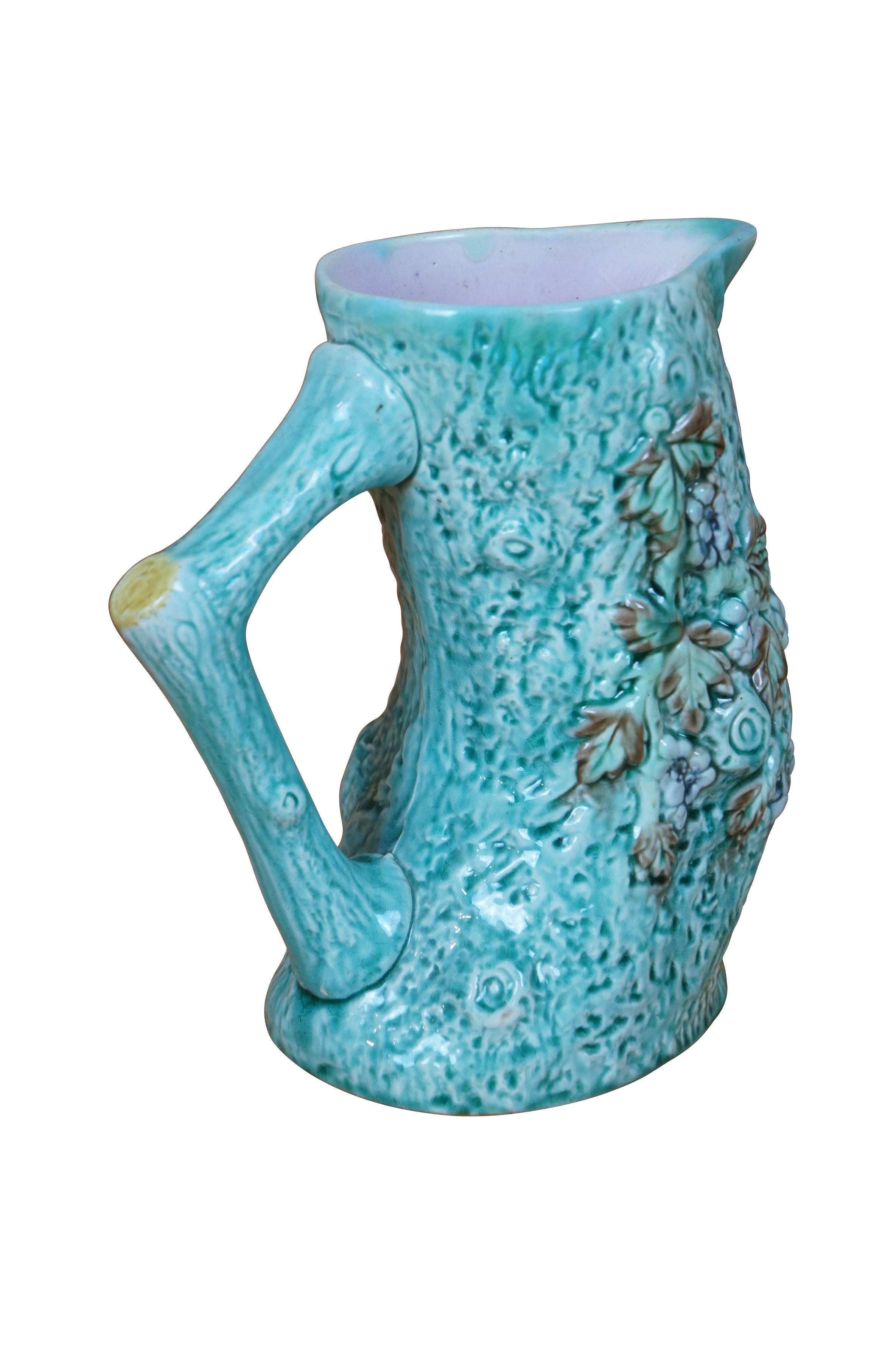 Ancienne Majolique Turquoise Adirondak Tree Trunk Log Branch Pitcher Jug 8